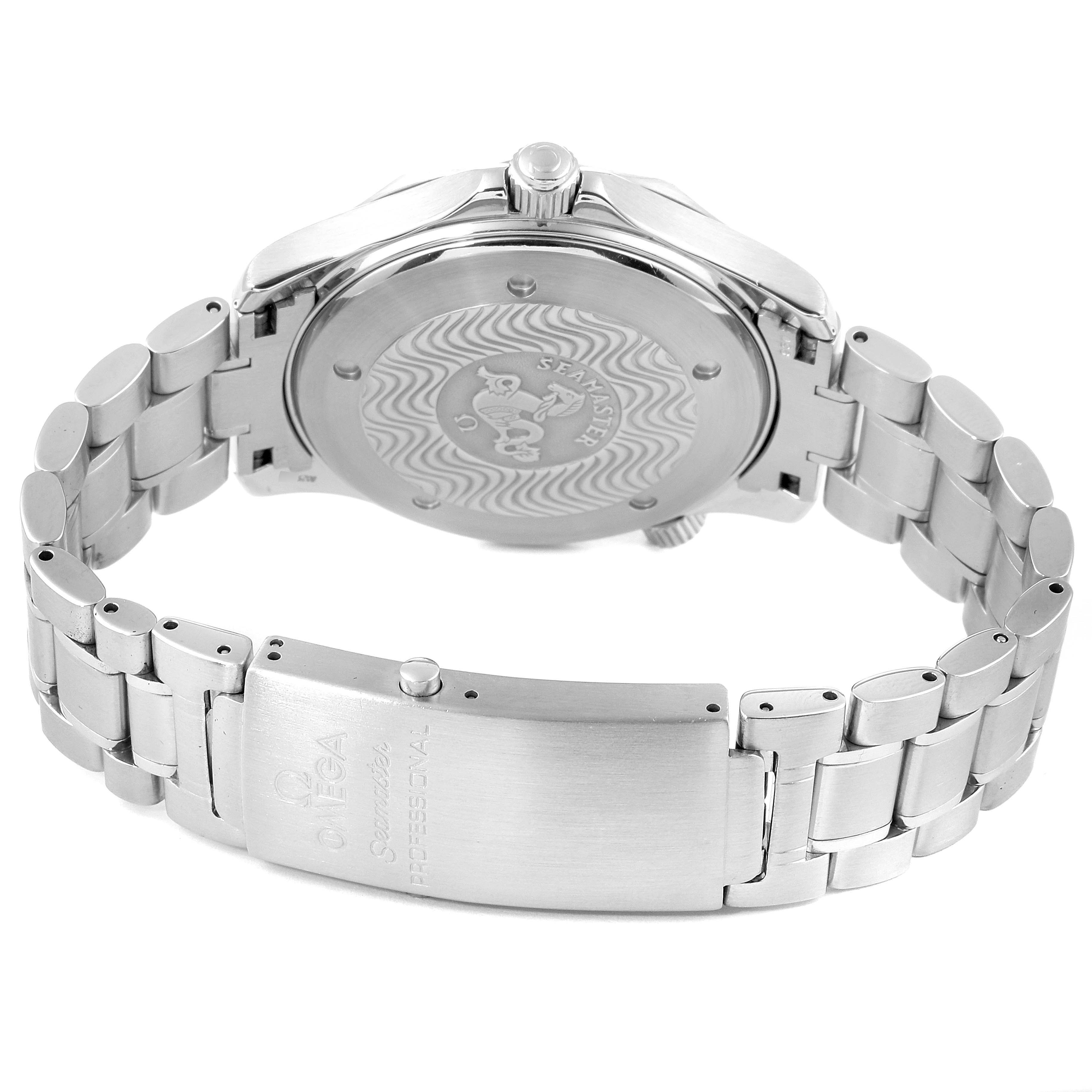 The image shows the back view of the Omega Seamaster 2254.50.00 Men
s Stainless Steel Black Dial 2254.50.00 Men
s Stainless Steel Black Dial watch, highlighting its clasp, bracelet, and case back.