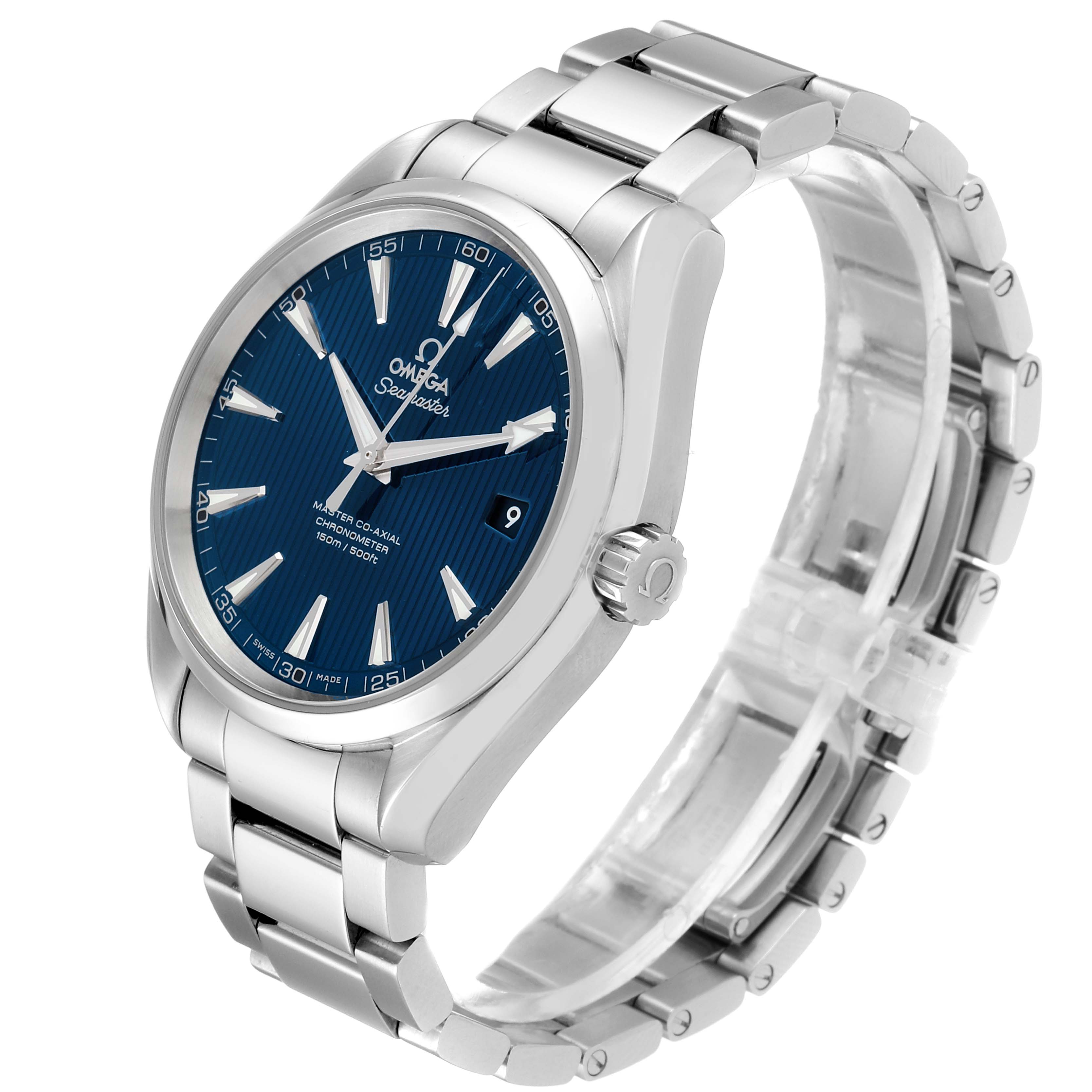 The image shows an Omega Aqua Terra 231.10.42.21.03.003 Men's Stainless Steel Blue Dial 231.10.42.21.03.003 Men's Stainless Steel Blue Dial watch at a three-quarter angle, displaying its face, crown, and metal bracelet.