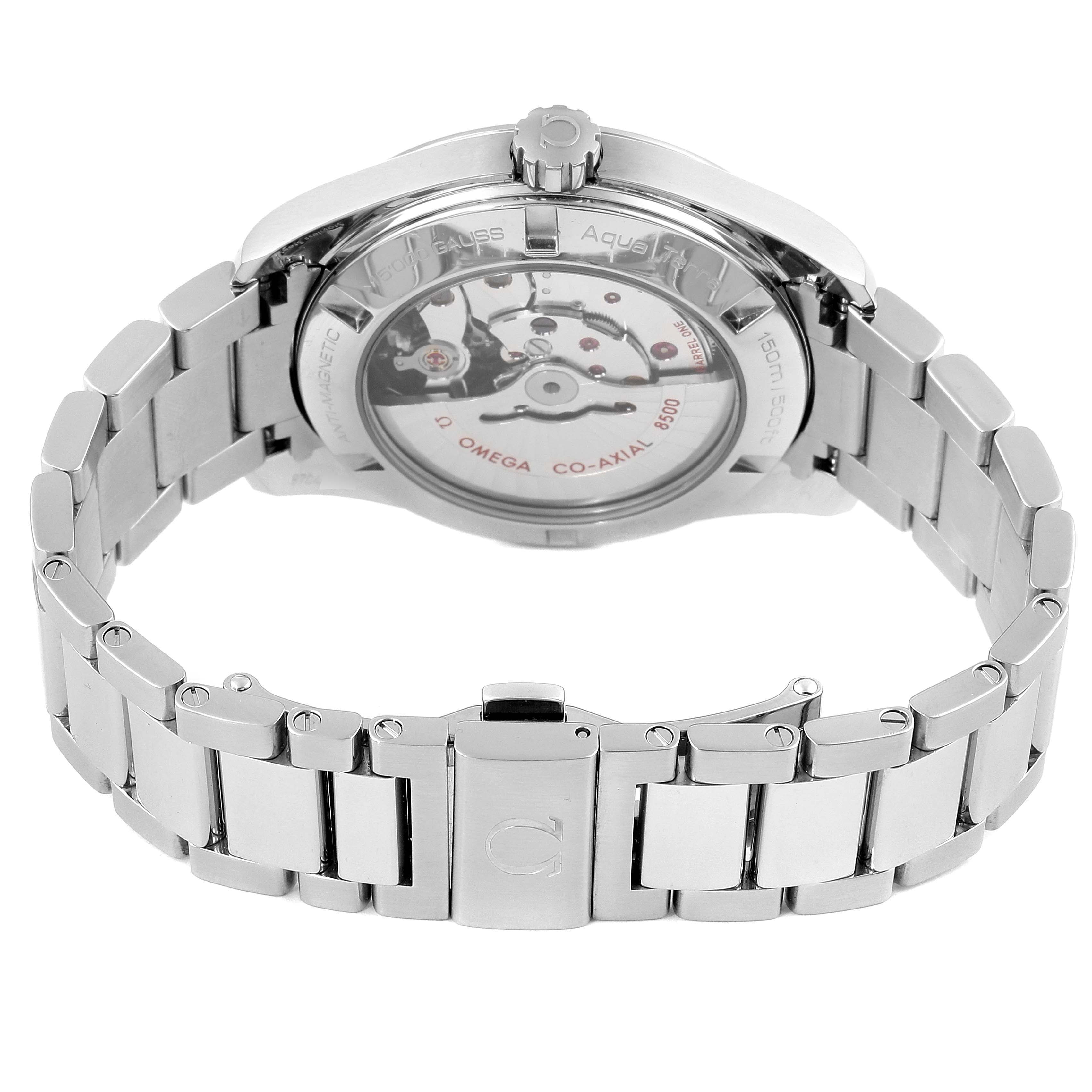 This image shows the back view of the Omega Aqua Terra 231.10.42.21.03.003 Men's Stainless Steel Blue Dial 231.10.42.21.03.003 Men's Stainless Steel Blue Dial watch, highlighting its stainless steel bracelet and visible movement.