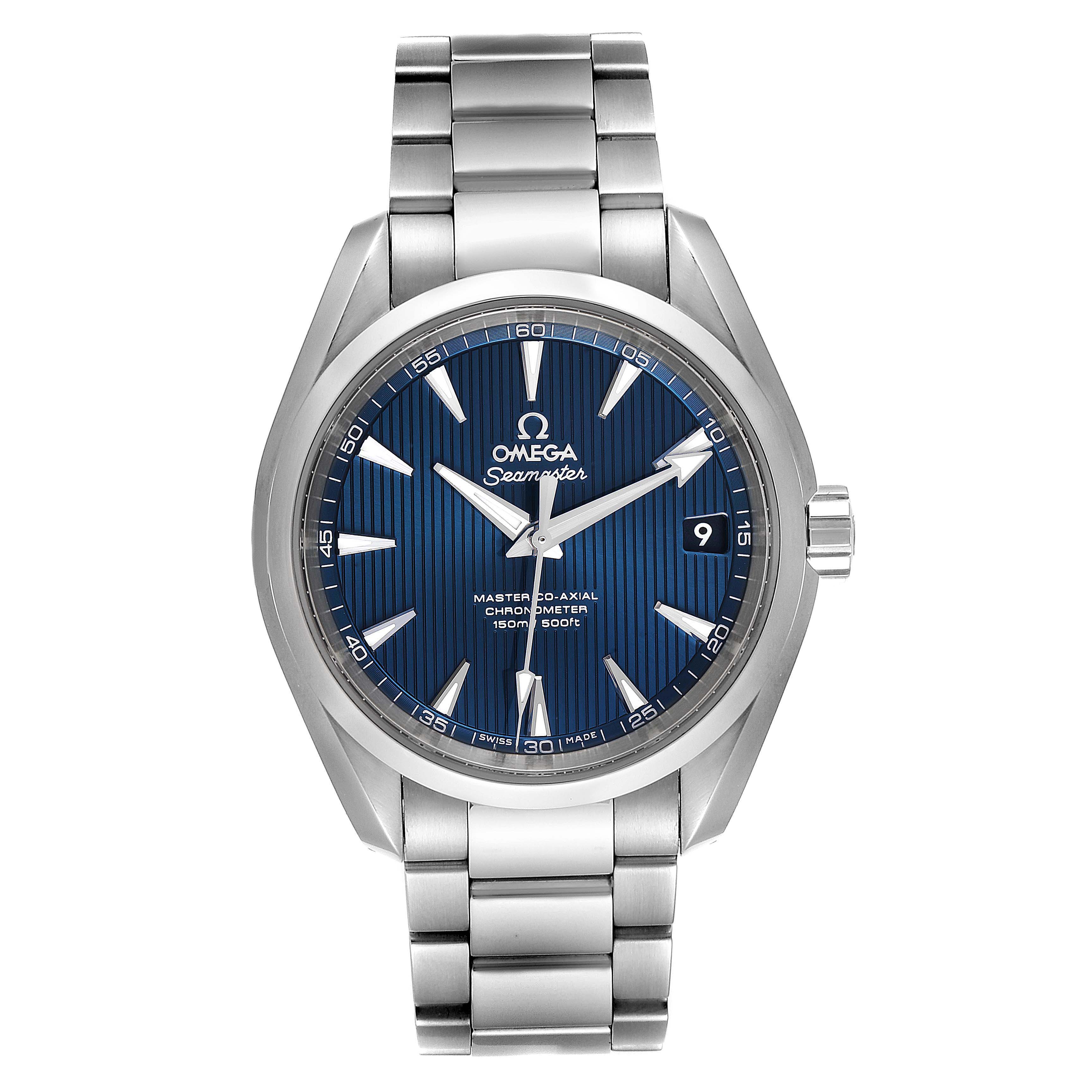 The image shows a front view of the Omega Aqua Terra 231.10.42.21.03.003 Men's Stainless Steel Blue Dial 231.10.42.21.03.003 Men's Stainless Steel Blue Dial watch, displaying its blue dial, silver hands, and metal bracelet.