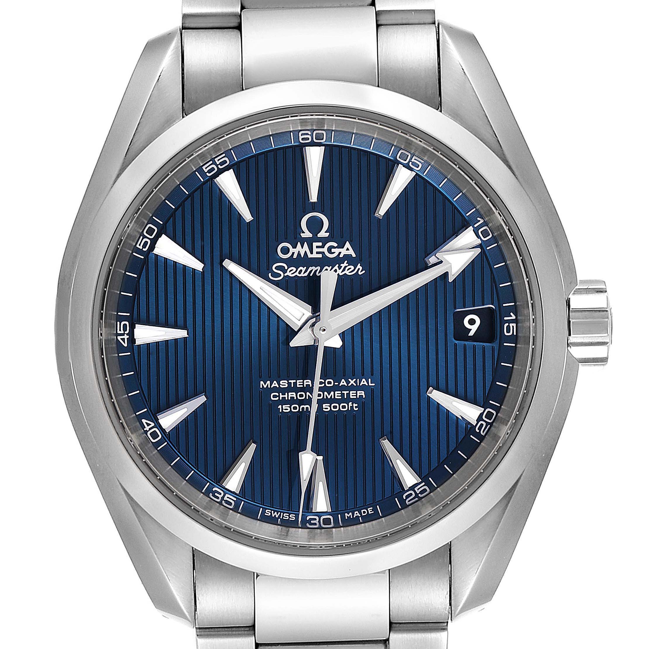 This image shows a front view of the Omega Aqua Terra 231.10.42.21.03.003 Men's Stainless Steel Blue Dial 231.10.42.21.03.003 Men's Stainless Steel Blue Dial Seamaster watch, highlighting the blue dial, hands, date window, and bracelet.