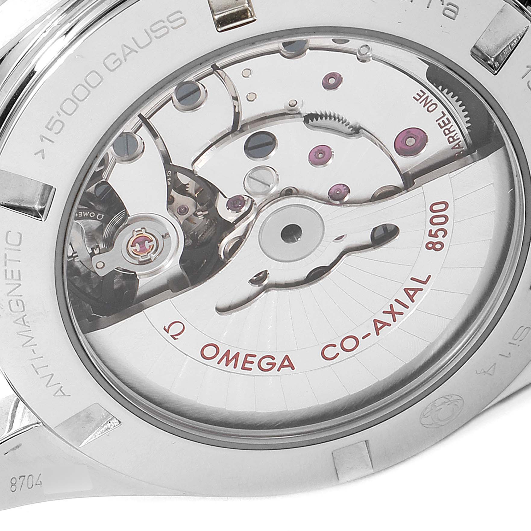 This image shows the back view of an Omega Aqua Terra 231.10.42.21.03.003 Men's Stainless Steel Blue Dial 231.10.42.21.03.003 Men's Stainless Steel Blue Dial watch focusing on its Co-Axial 8500 movement.