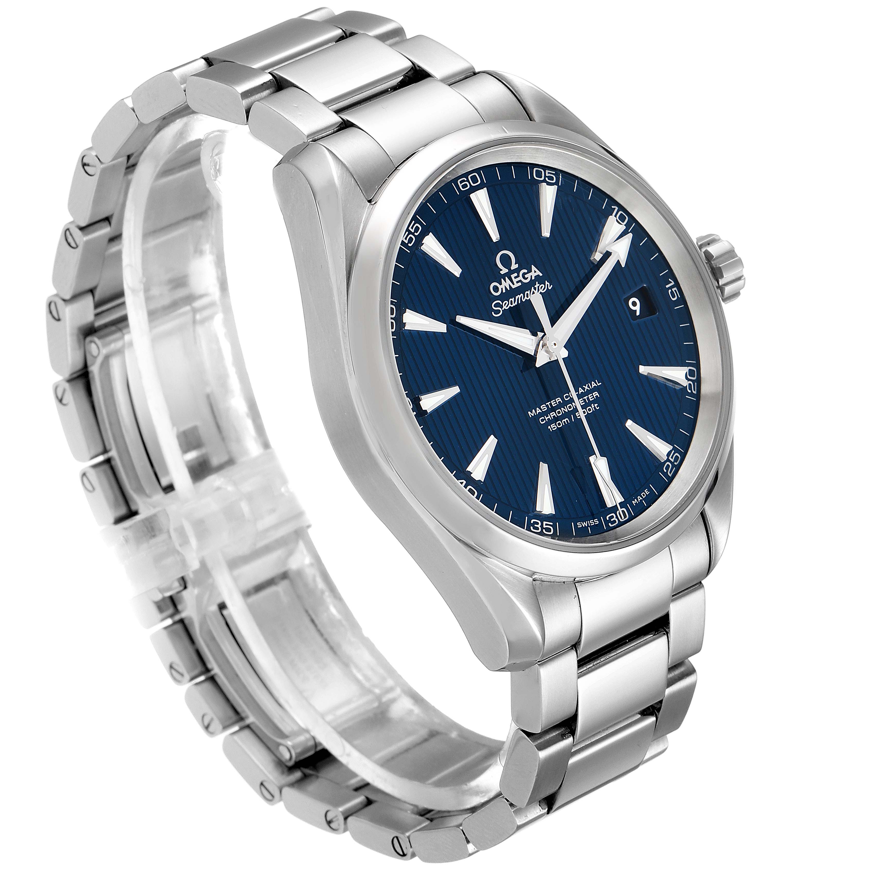 The Omega Aqua Terra 231.10.42.21.03.003 Men's Stainless Steel Blue Dial 231.10.42.21.03.003 Men's Stainless Steel Blue Dial watch is shown from a front-left angle, displaying the blue dial, stainless steel case, and bracelet.