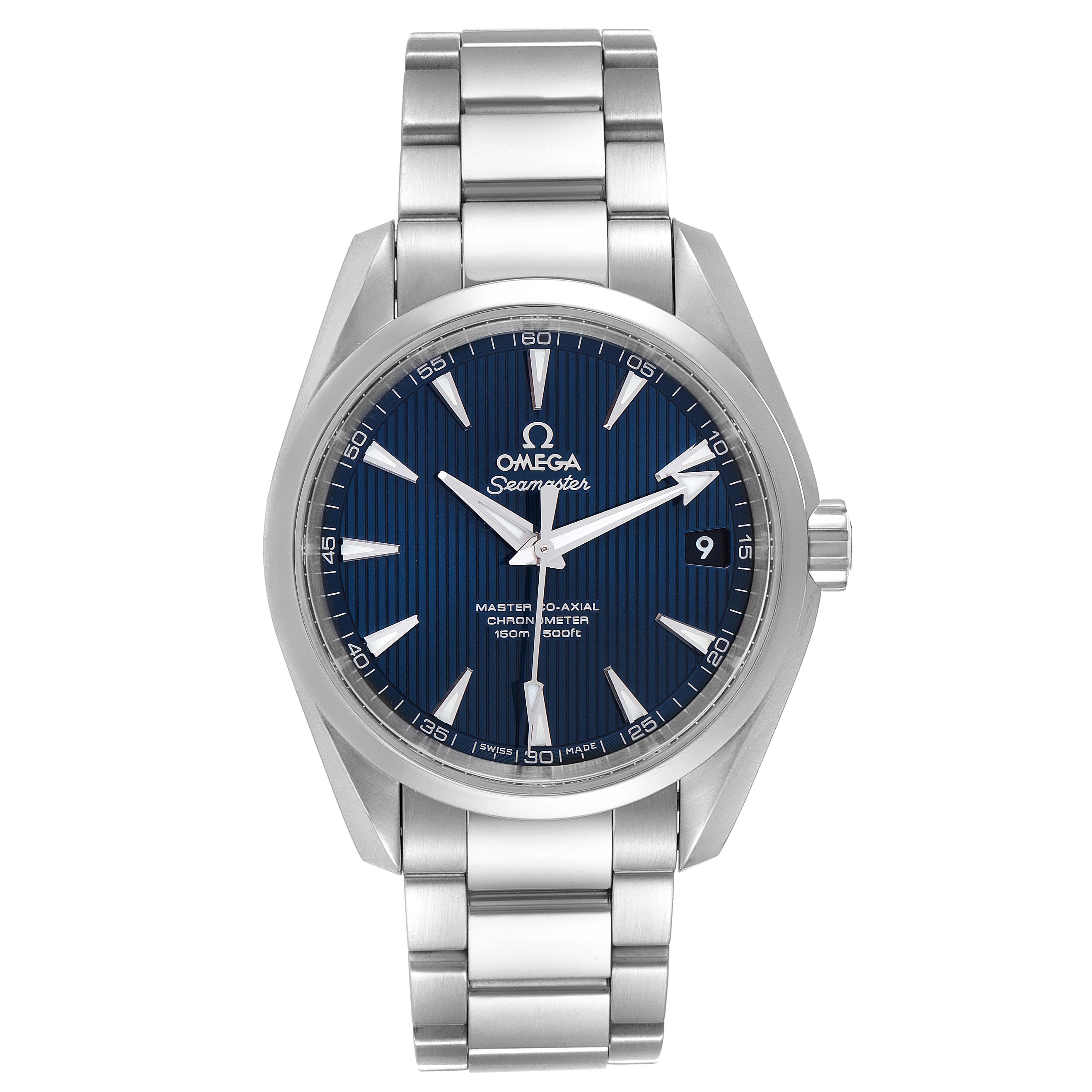The Omega Aqua Terra 231.10.39.21.03.002 Men's Stainless Steel Blue Dial 231.10.39.21.03.002 Men's Stainless Steel Blue Dial watch is shown from a front view, highlighting its blue dial, stainless steel bracelet, and date window.