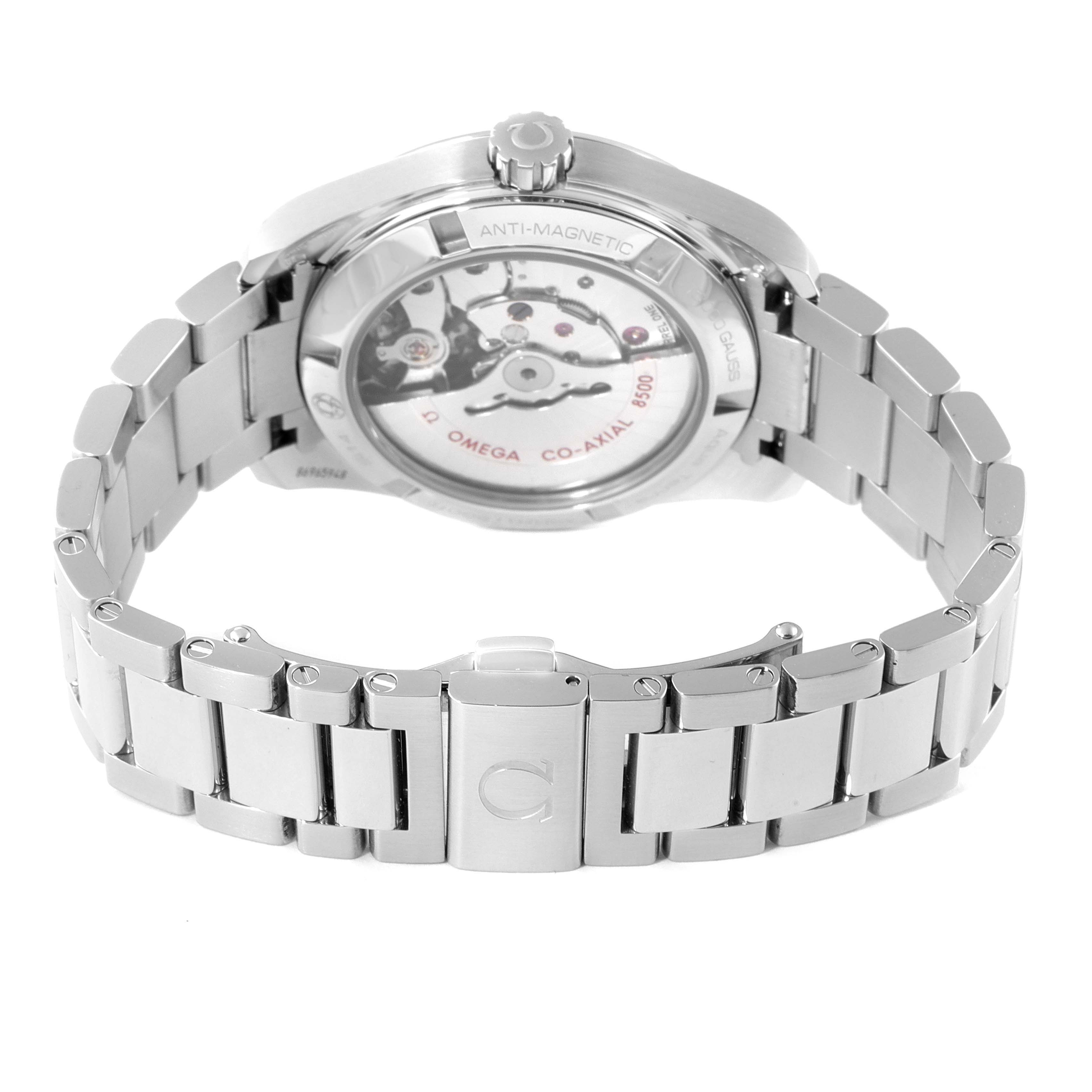 The image shows the back view of an Omega Aqua Terra 231.10.39.21.03.002 Men's Stainless Steel Blue Dial 231.10.39.21.03.002 Men's Stainless Steel Blue Dial watch, displaying its movement and stainless steel bracelet.