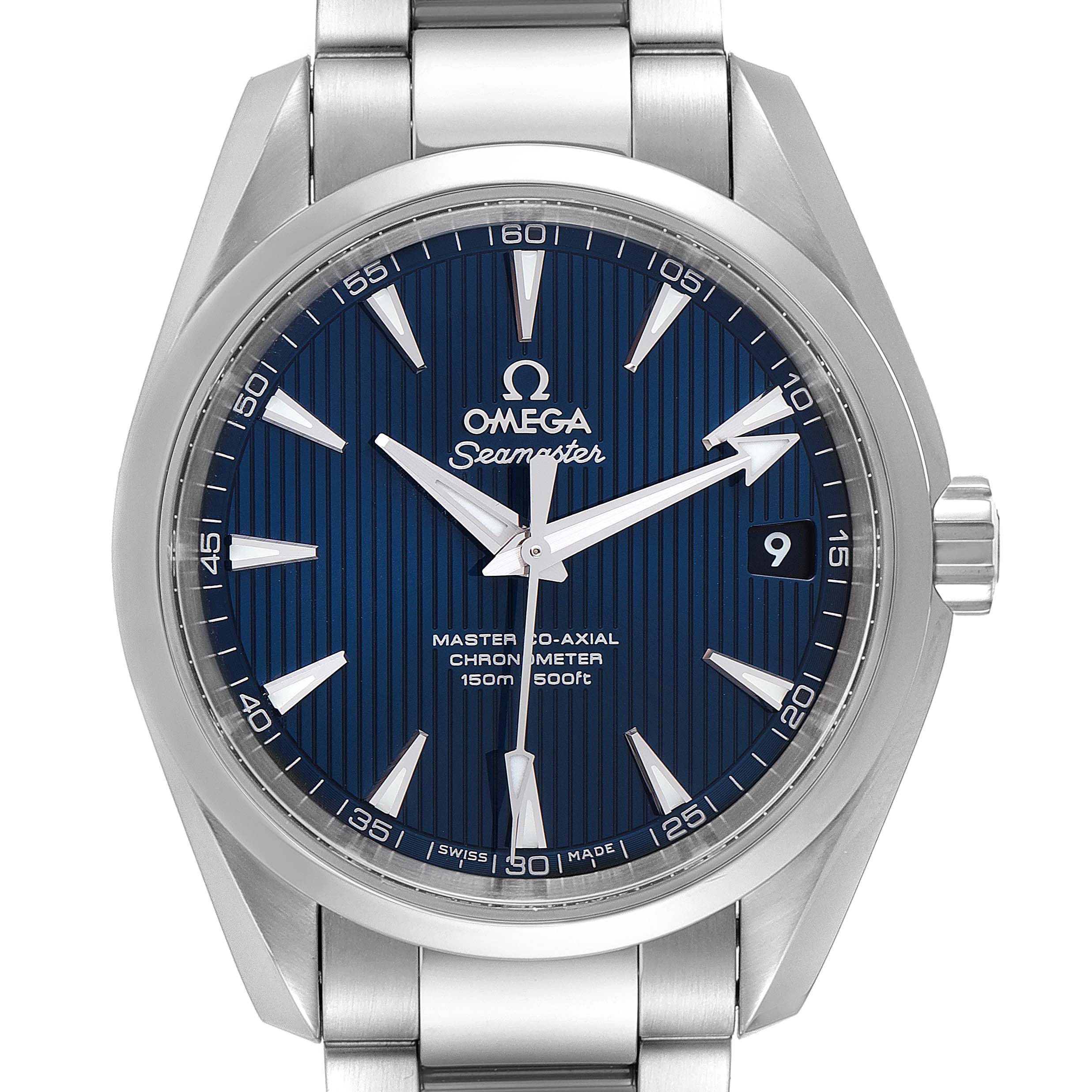 The image shows a front view of the Omega Seamaster Aqua Terra watch, highlighting the blue dial, hands, and part of the bracelet.