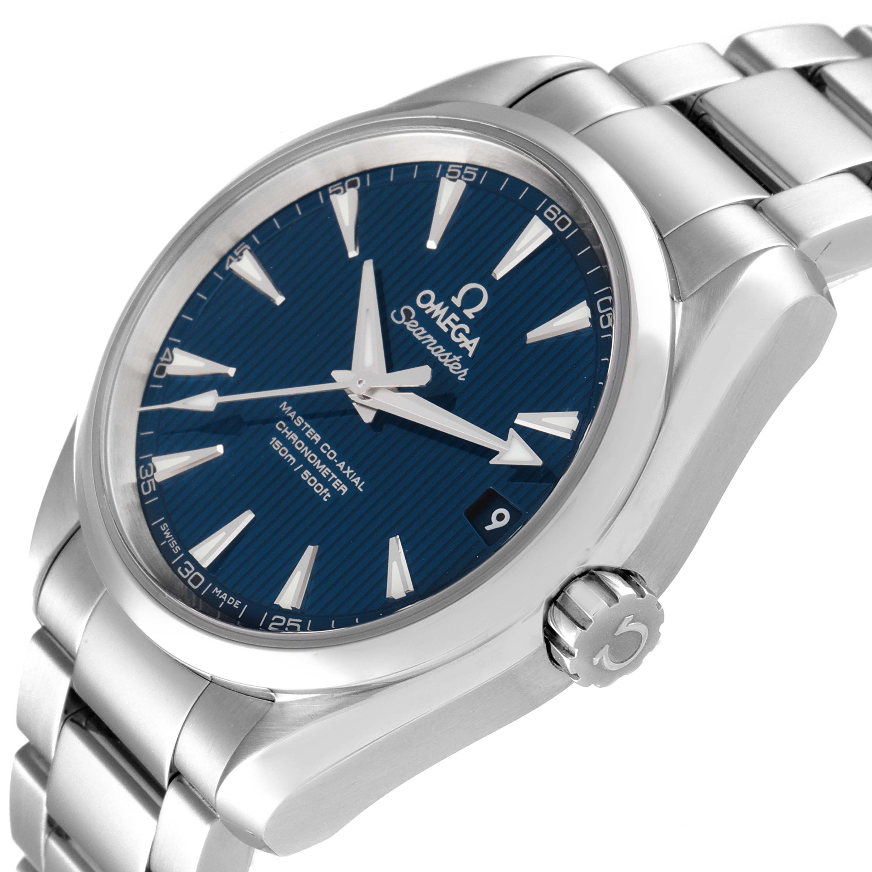 The Omega Aqua Terra 231.10.39.21.03.002 Men's Stainless Steel Blue Dial 231.10.39.21.03.002 Men's Stainless Steel Blue Dial watch is shown at a slight right-side angle, highlighting its dial, crown, and bracelet.