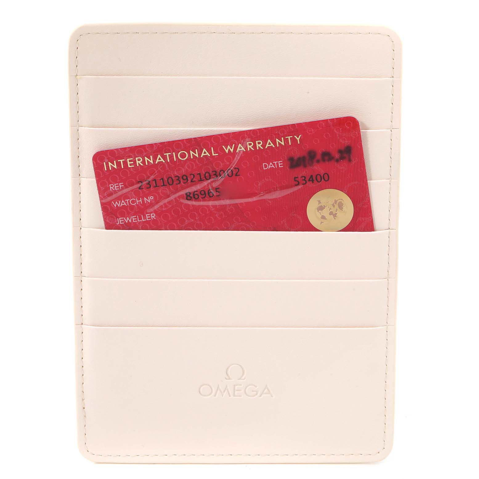 The image shows the International Warranty card for the Omega Aqua Terra 231.10.39.21.03.002 Men's Stainless Steel Blue Dial 231.10.39.21.03.002 Men's Stainless Steel Blue Dial model placed in an Omega-branded cardholder.