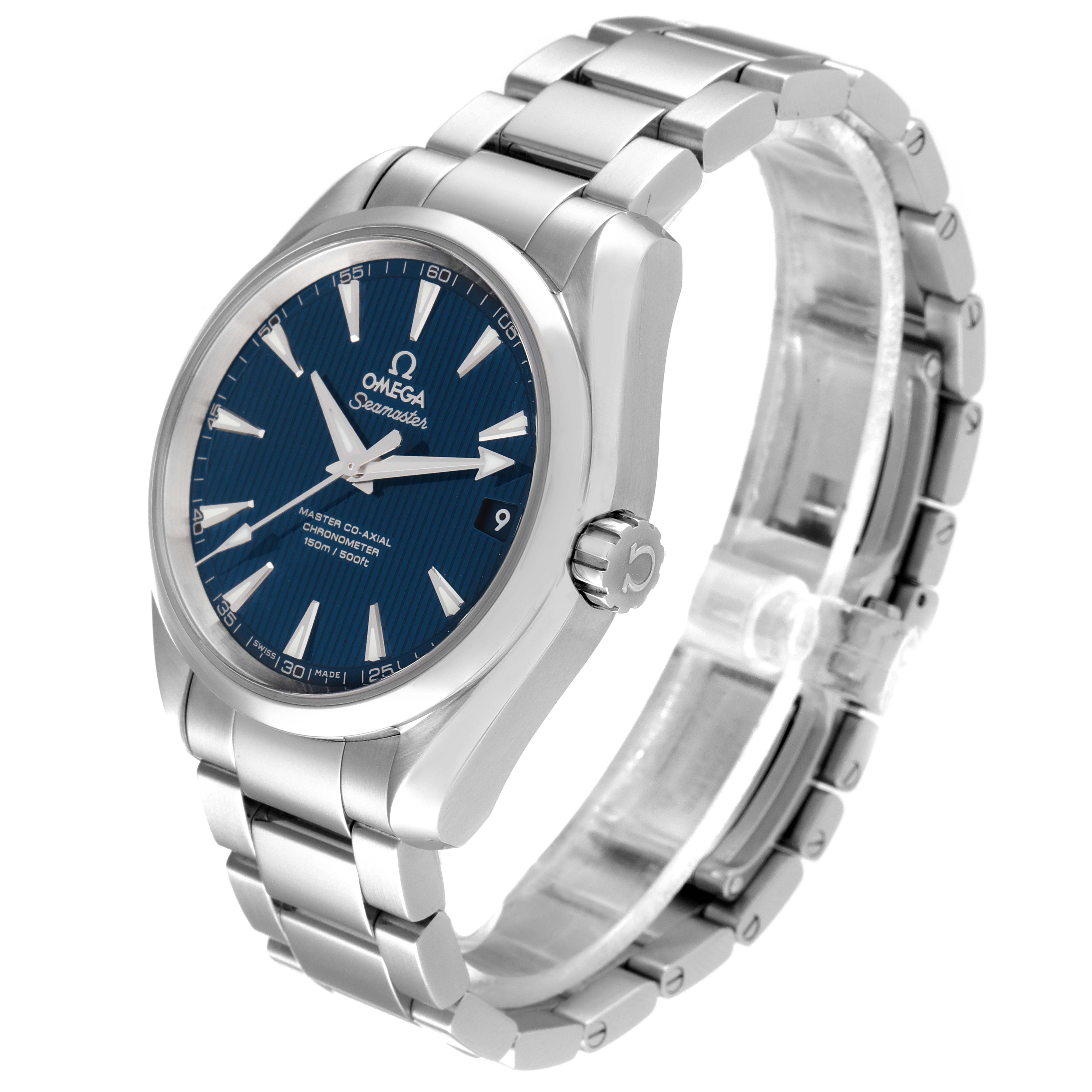 The image shows an Omega Aqua Terra 231.10.39.21.03.002 Men's Stainless Steel Blue Dial 231.10.39.21.03.002 Men's Stainless Steel Blue Dial watch at a three-quarter angle, displaying the face, crown, and metal bracelet.