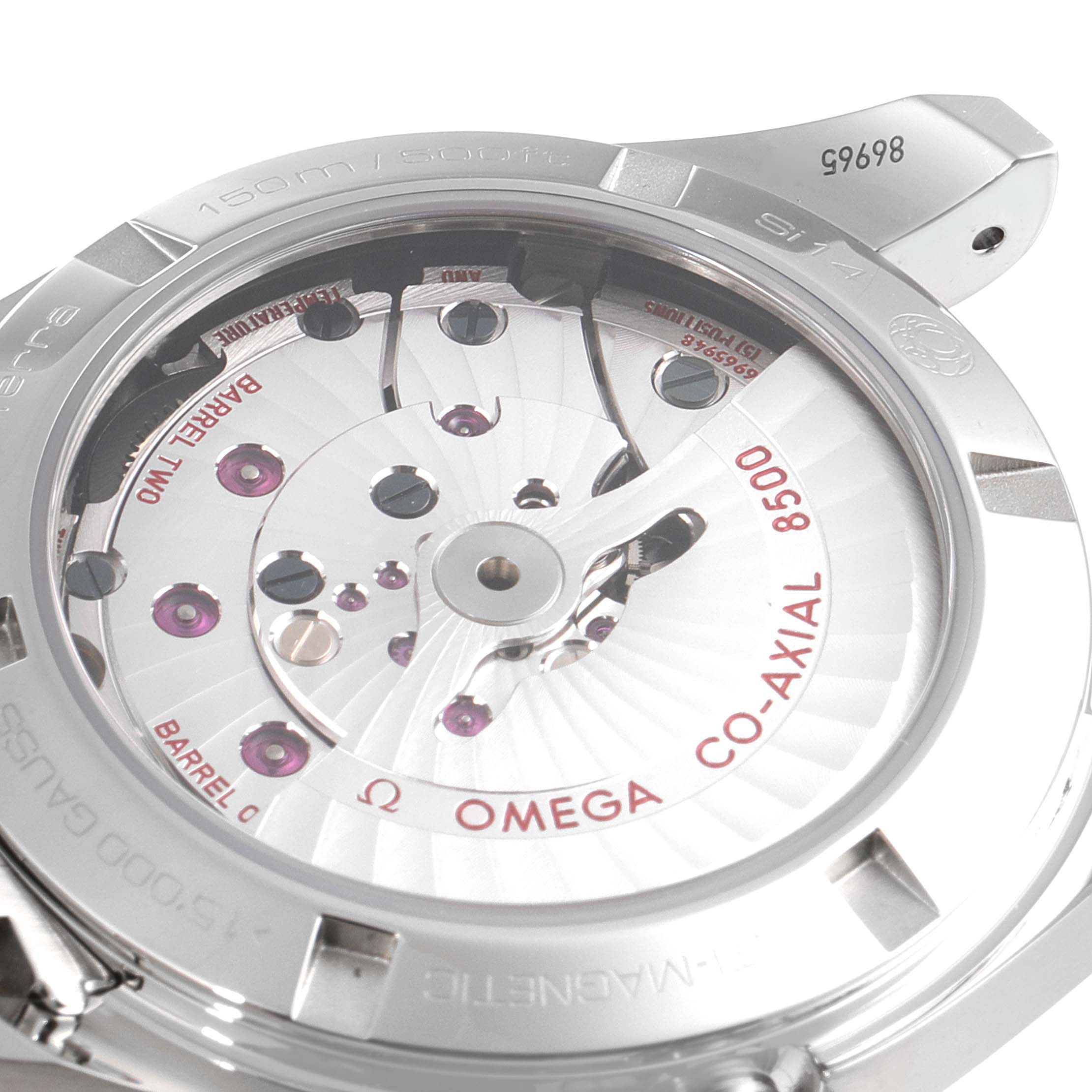 The image shows a back angle of the Omega Aqua Terra 231.10.39.21.03.002 Men's Stainless Steel Blue Dial 231.10.39.21.03.002 Men's Stainless Steel Blue Dial watch, revealing its Co-Axial 8500 movement through a transparent case back.