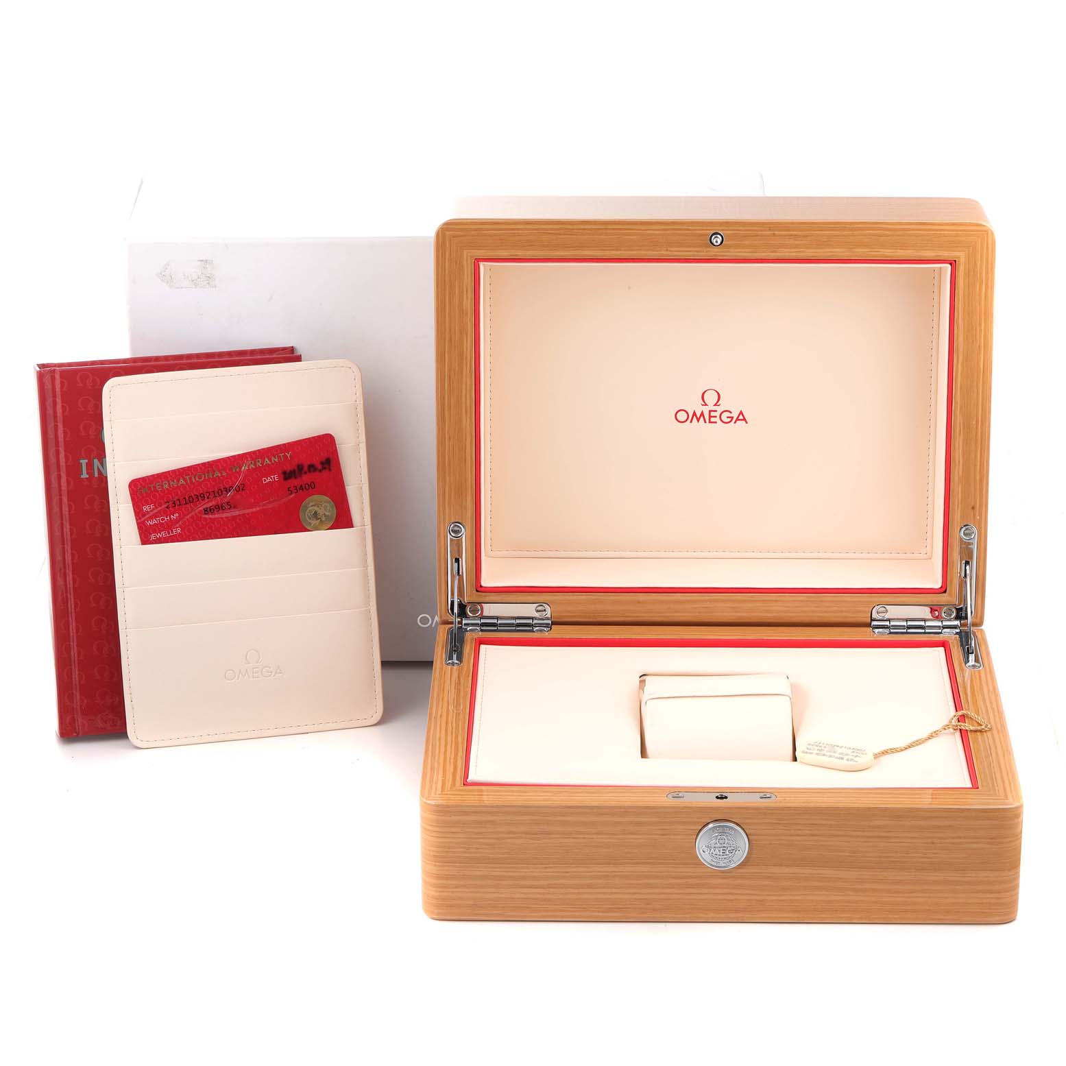 The image shows the open box for an Omega Aqua Terra 231.10.39.21.03.002 Men's Stainless Steel Blue Dial 231.10.39.21.03.002 Men's Stainless Steel Blue Dial watch with accompanying documents and cards displayed upright.