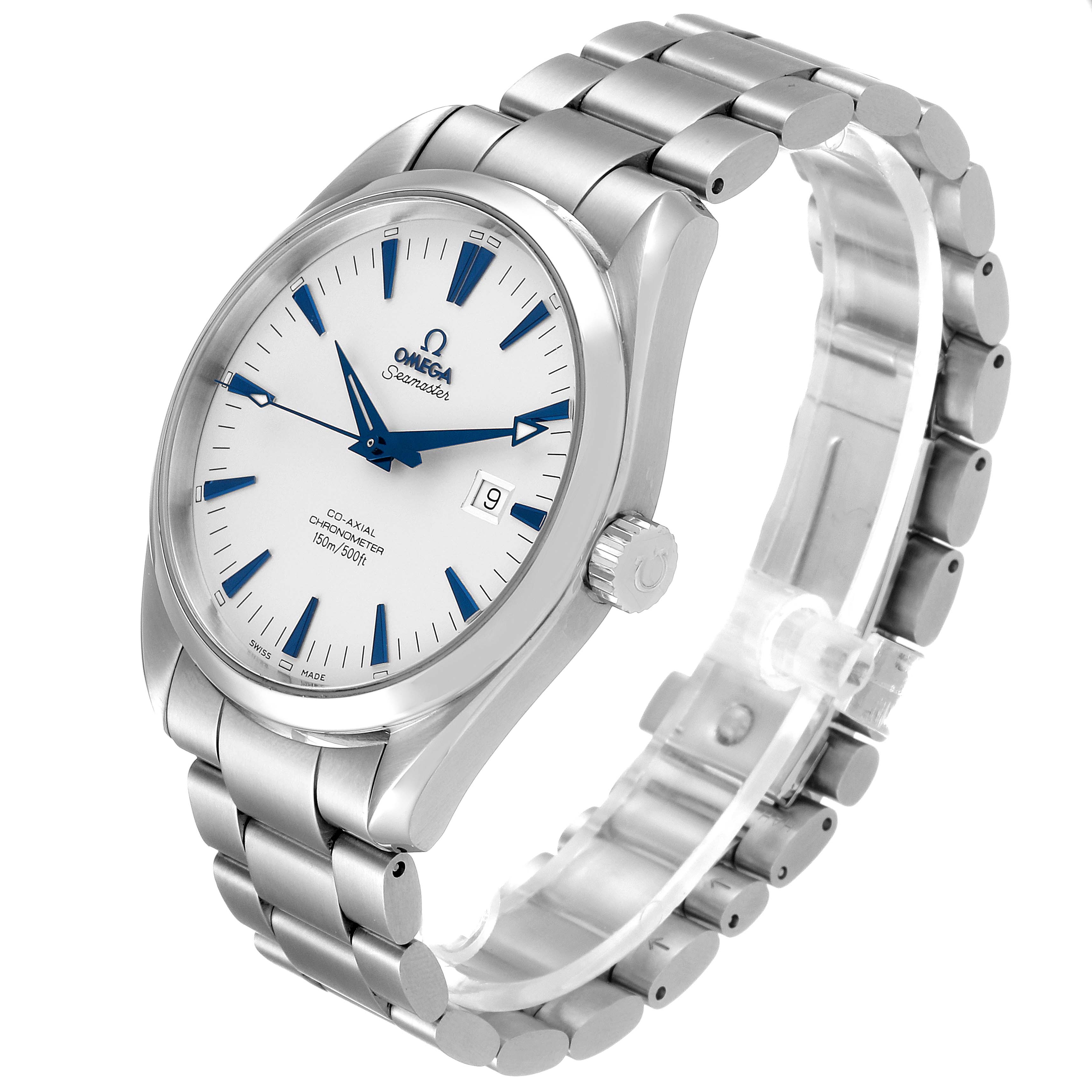 The image shows an angled view of an Omega Aqua Terra 2502.33.00 Men
s Stainless Steel Silver Dial 2502.33.00 Men
s Stainless Steel Silver Dial watch, displaying the face, crown, and metal bracelet.