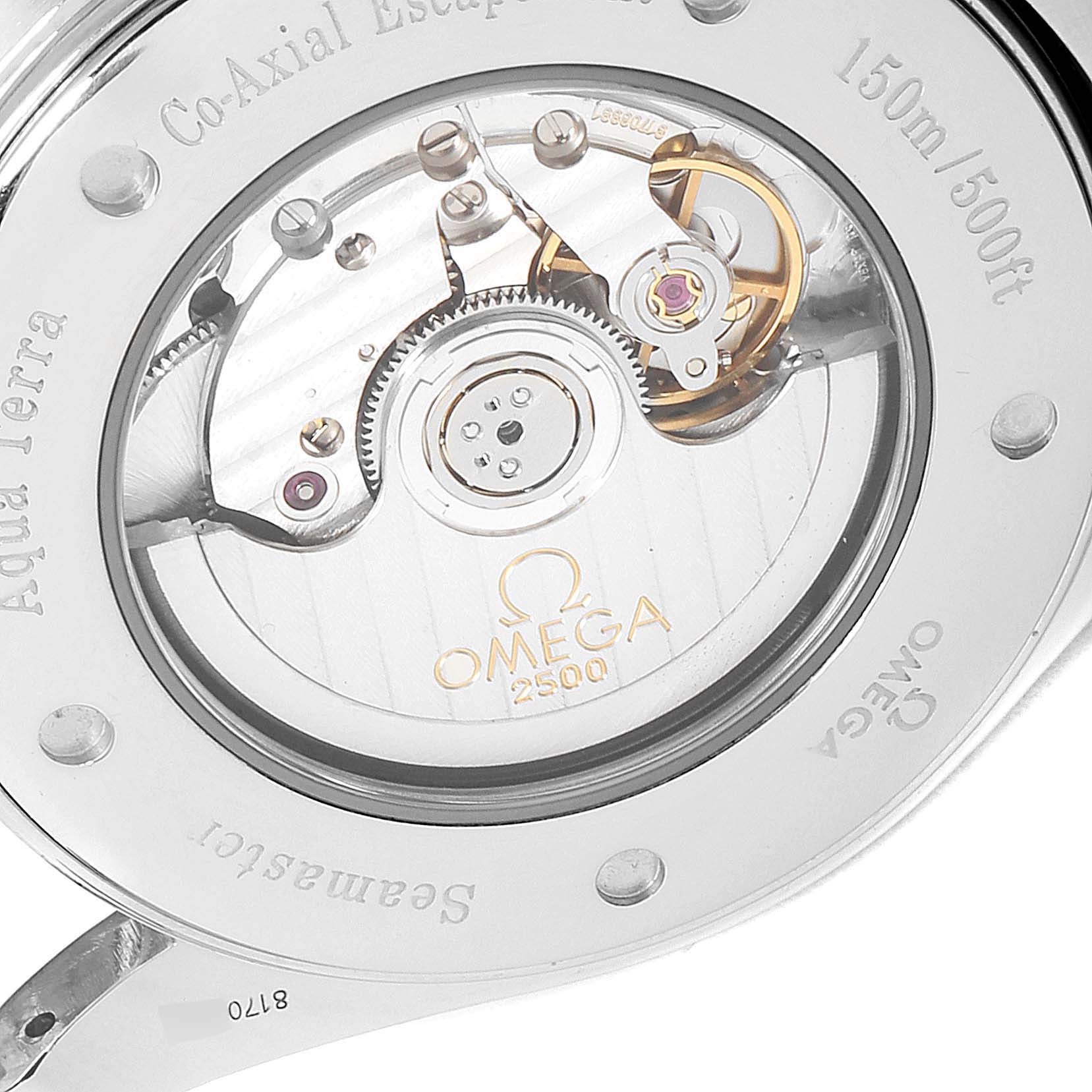 This image shows the back of the Omega Aqua Terra 2502.33.00 Men
s Stainless Steel Silver Dial 2502.33.00 Men
s Stainless Steel Silver Dial watch, revealing its movement and inner mechanism.