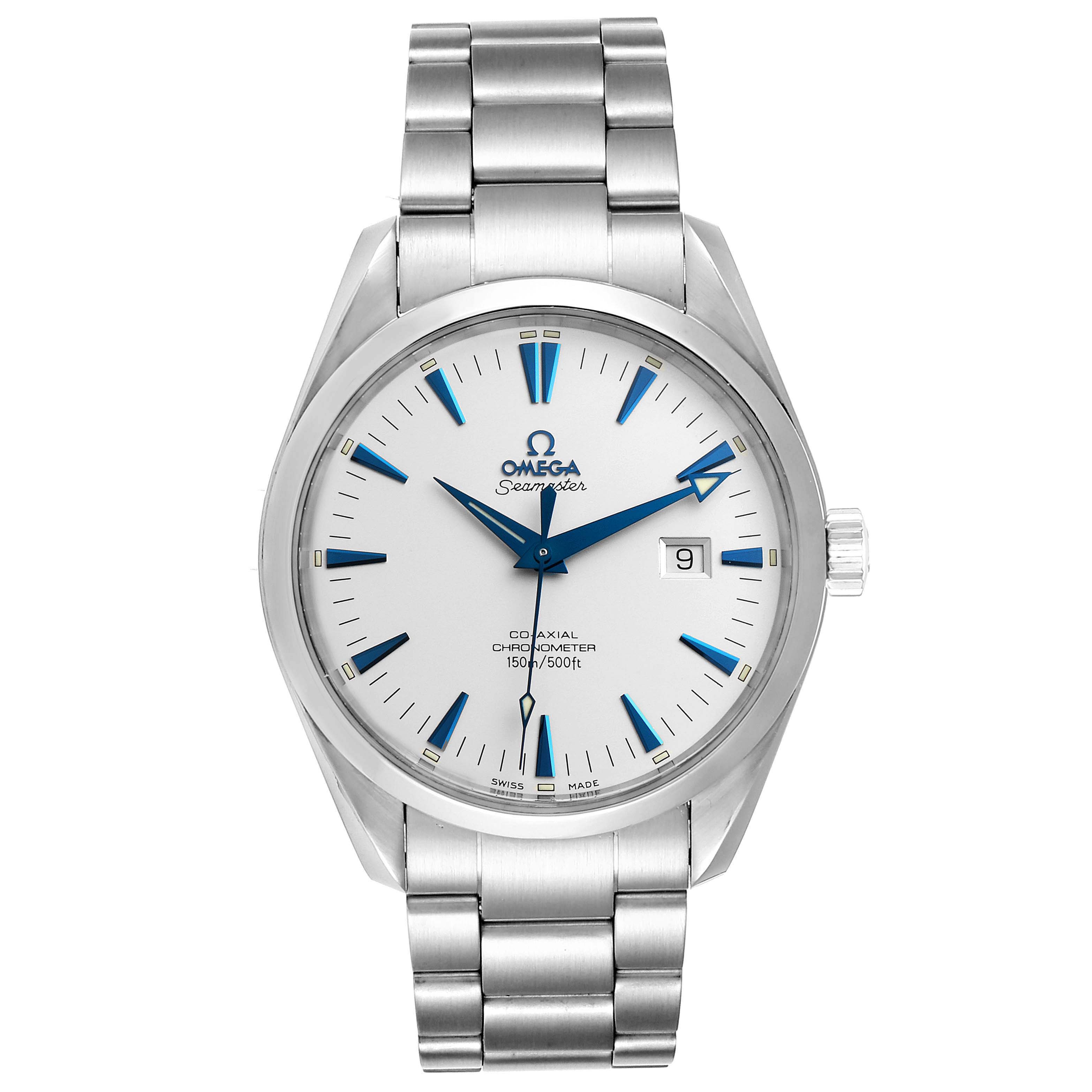 The image shows a front view of the Omega Aqua Terra 2502.33.00 Men
s Stainless Steel Silver Dial 2502.33.00 Men
s Stainless Steel Silver Dial watch, highlighting the dial, hands, date, and metal bracelet.