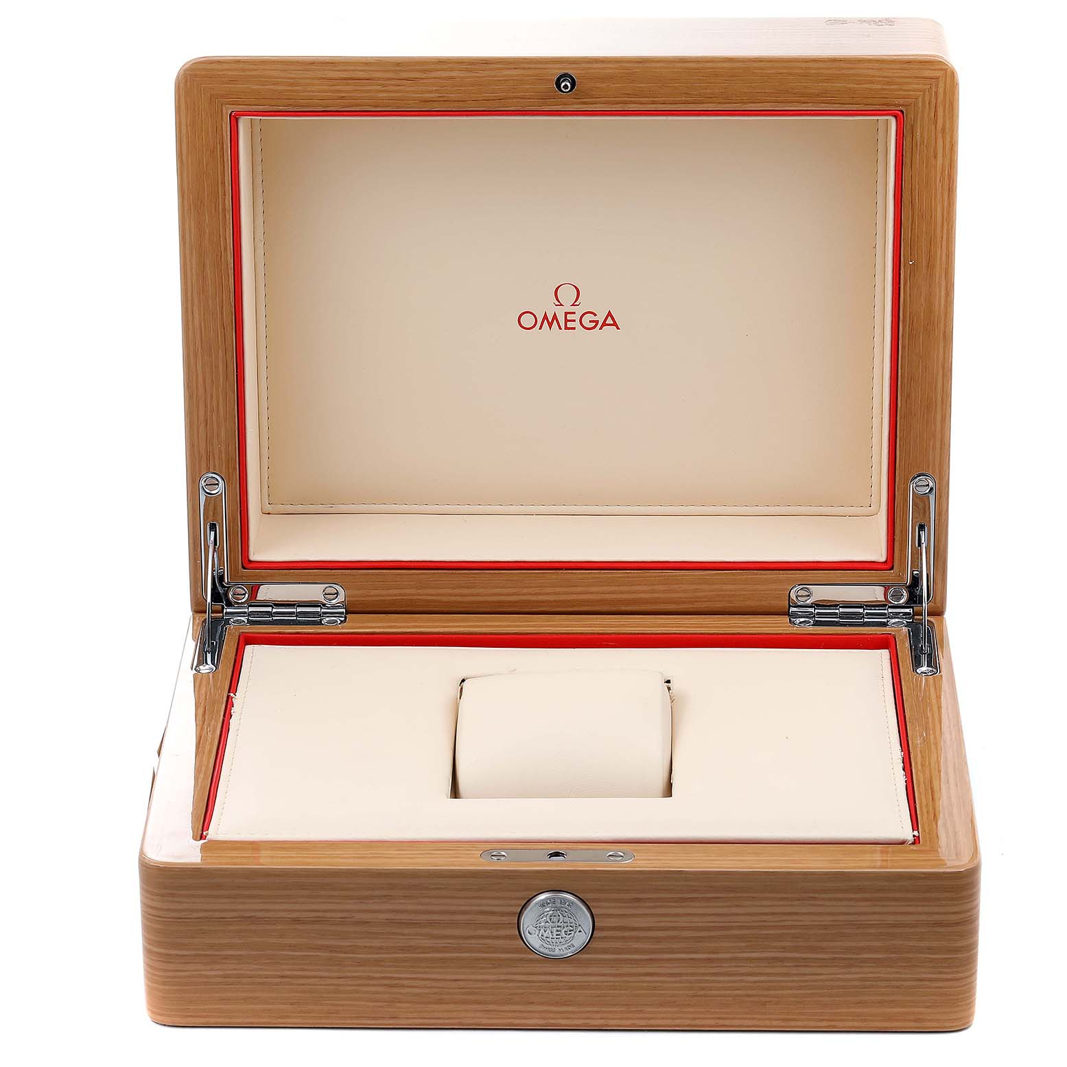 This image shows an open wooden case for the Omega Aqua Terra 2502.33.00 Men
s Stainless Steel Silver Dial 2502.33.00 Men
s Stainless Steel Silver Dial watch, featuring the Omega logo inside.