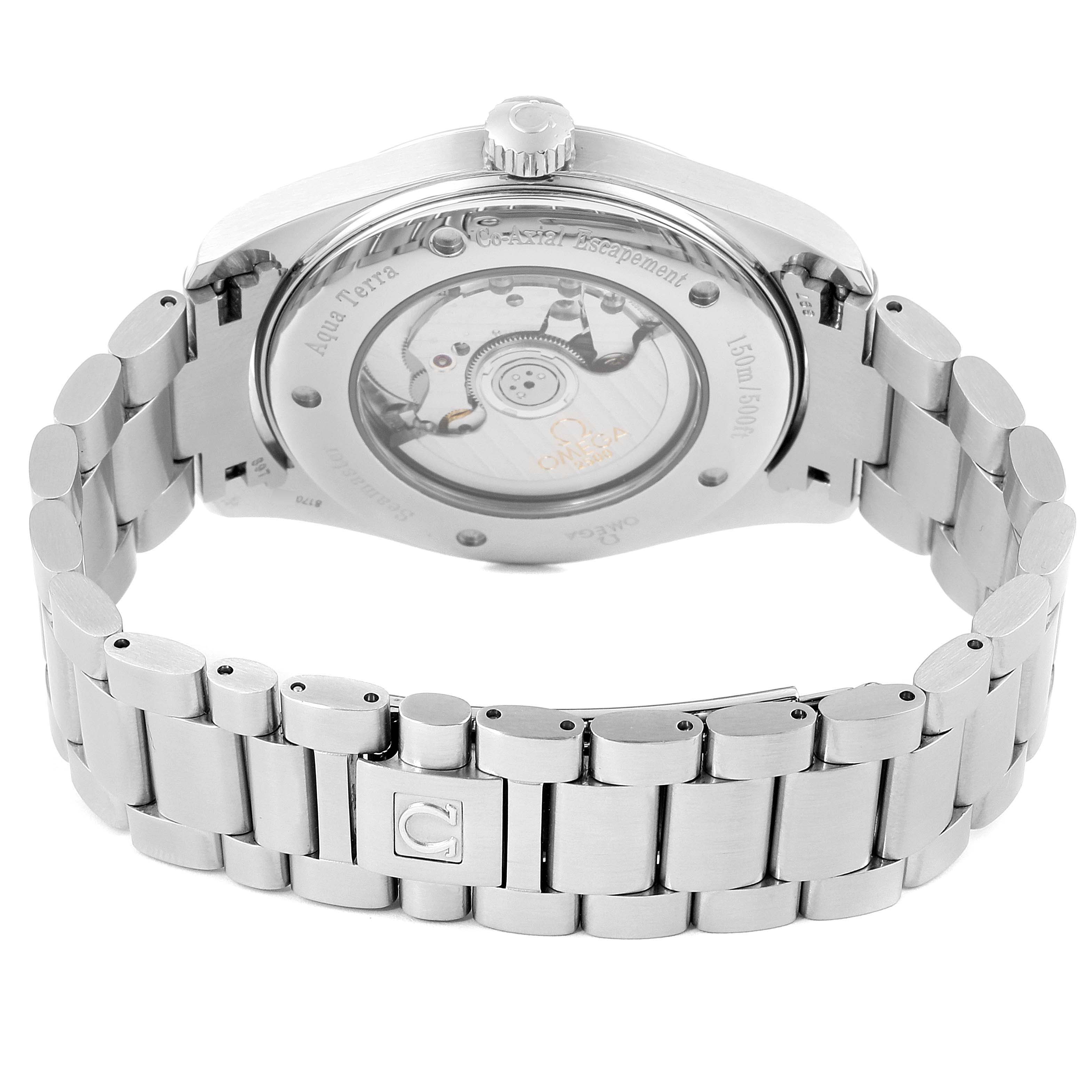 The image shows the back view of an Omega Aqua Terra 2502.33.00 Men
s Stainless Steel Silver Dial 2502.33.00 Men
s Stainless Steel Silver Dial watch, highlighting the exhibition case back and metal bracelet.