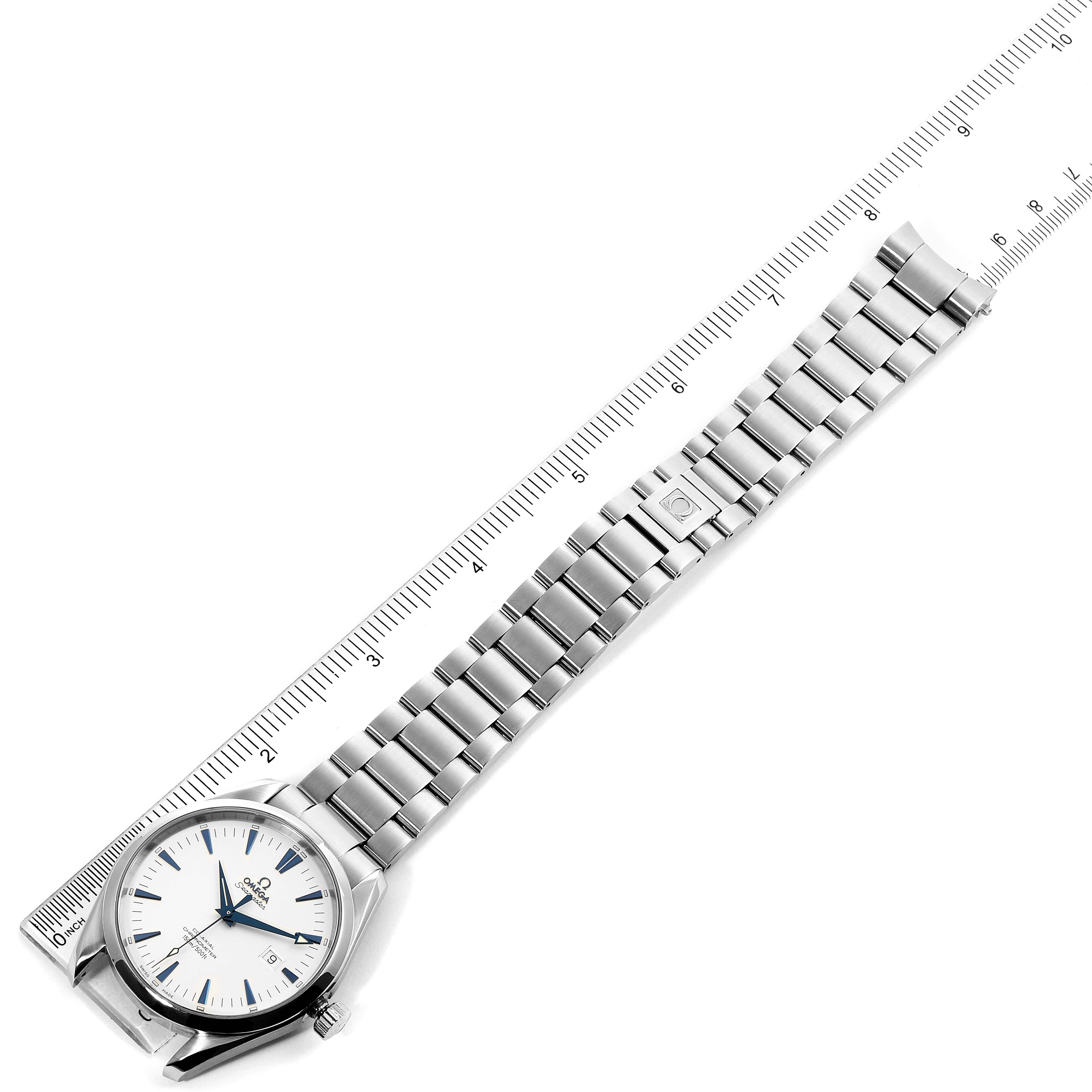 The image shows an Omega Aqua Terra 2502.33.00 Men
s Stainless Steel Silver Dial 2502.33.00 Men
s Stainless Steel Silver Dial watch laid flat with a ruler measuring the length of its metal bracelet.