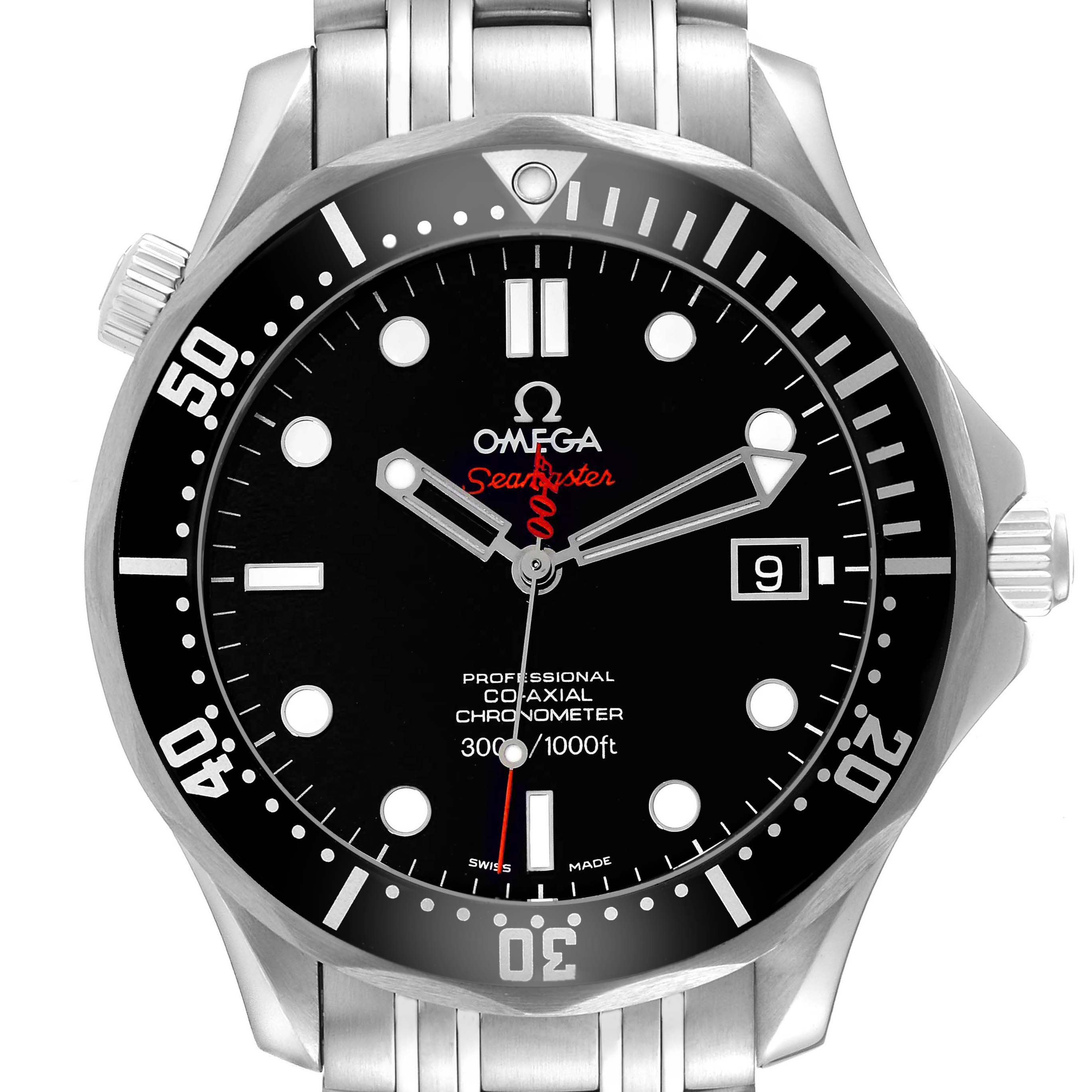 The Omega Seamaster 212.30.41.20.01.001 Men's Stainless Steel Black Dial watch is shown from the front, highlighting its dial, bezel, hands, markers, and part of the bracelet.