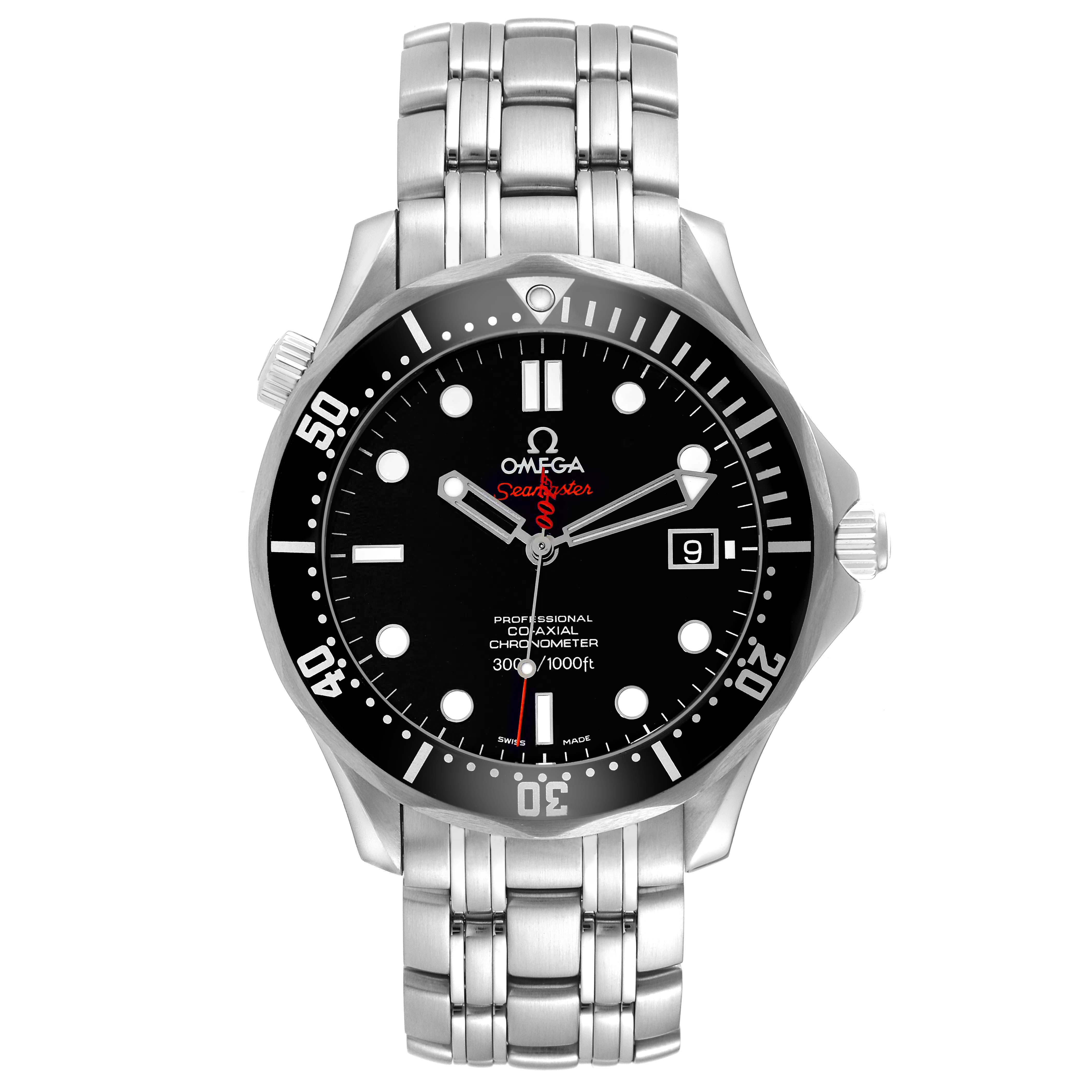 The image shows a front view of the Omega Seamaster 212.30.41.20.01.001 Men's Stainless Steel Black Dial watch, displaying its dial, bezel, crown, and stainless steel bracelet.