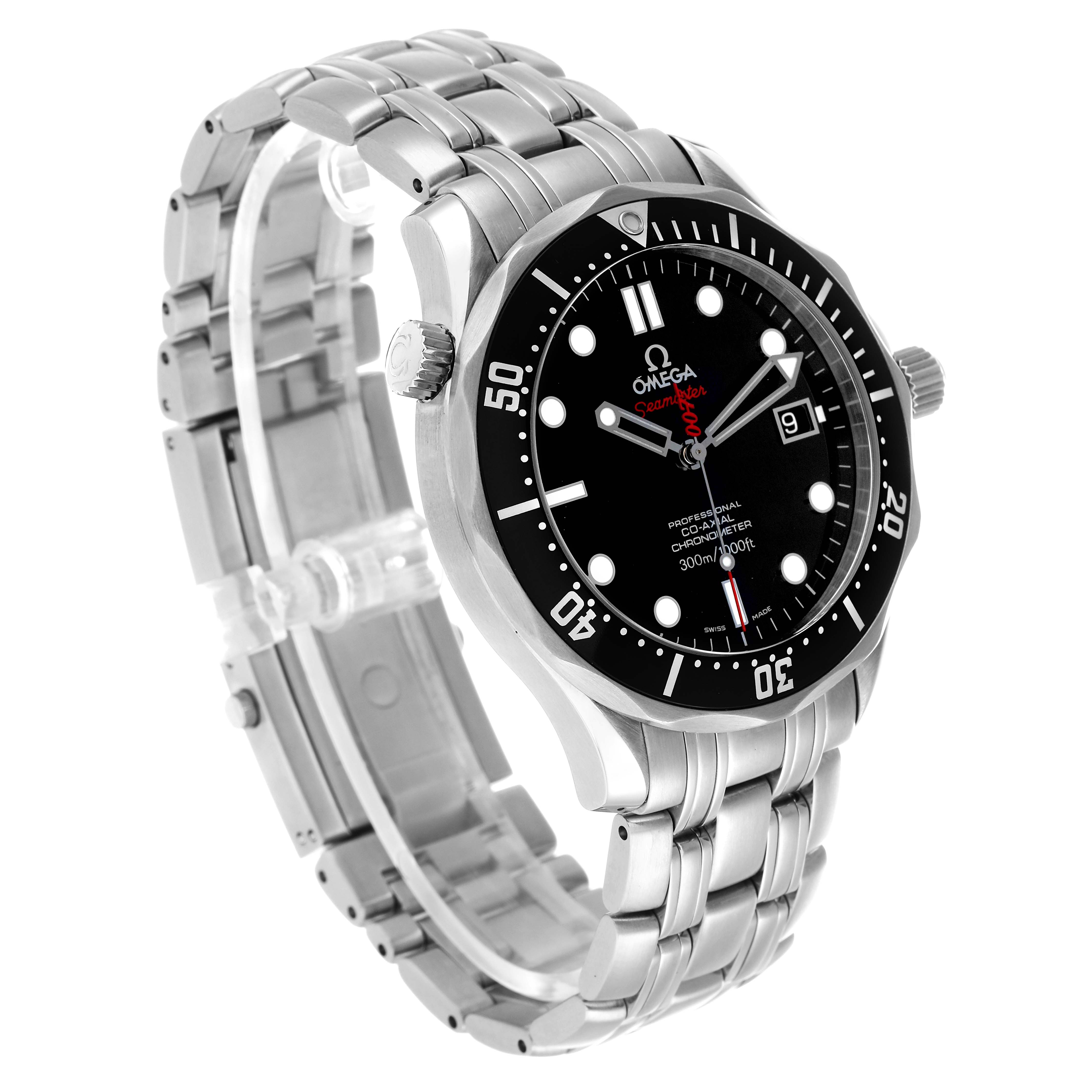 The Omega Seamaster 212.30.41.20.01.001 Men's Stainless Steel Black Dial watch is shown at a three-quarter angle, displaying the face, bezel, crown, and stainless steel bracelet.