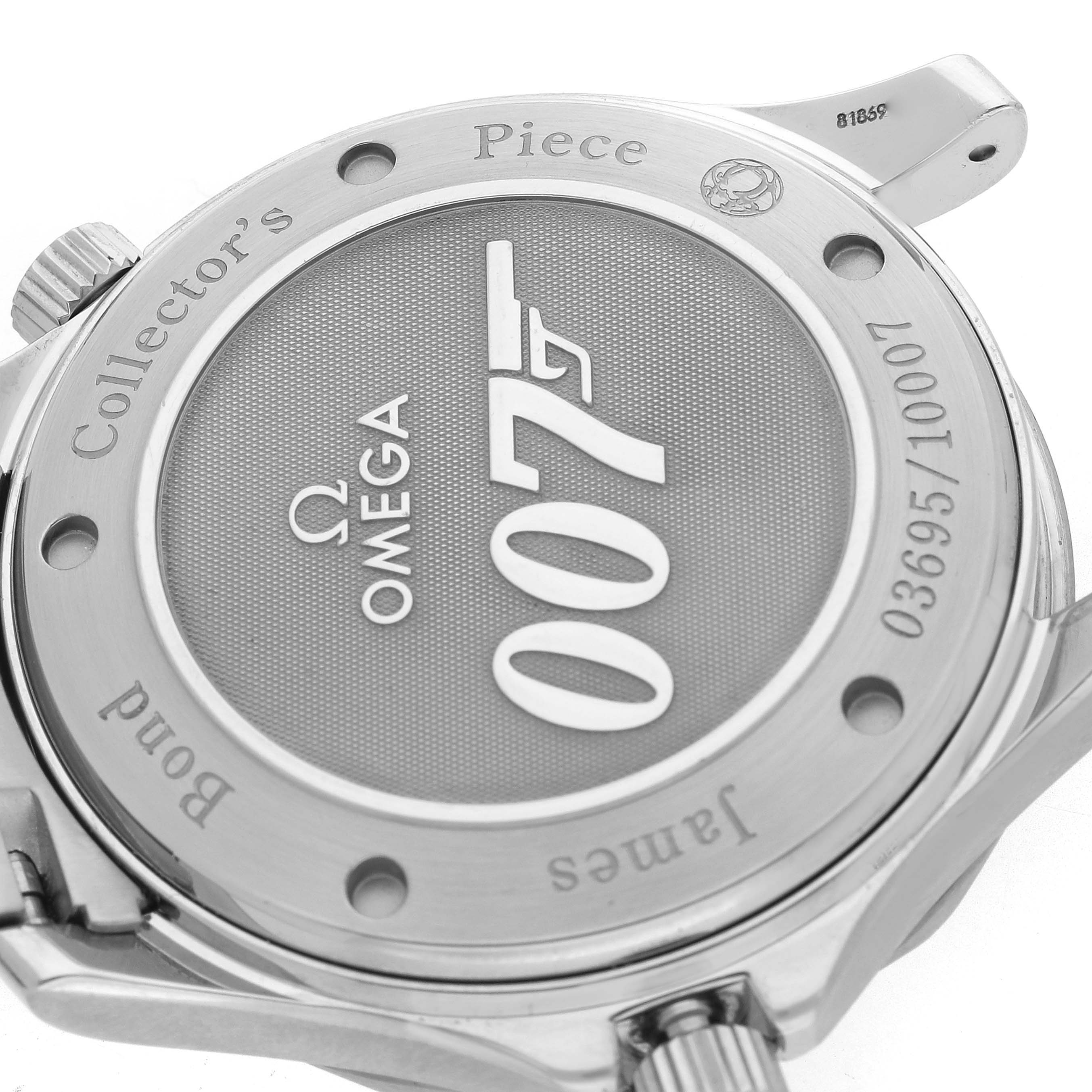 The image shows the case back of an Omega Seamaster 212.30.41.20.01.001 Men's Stainless Steel Black Dial, featuring a 007 and gun logo with "Collector's Piece" and "James Bond" engravings.