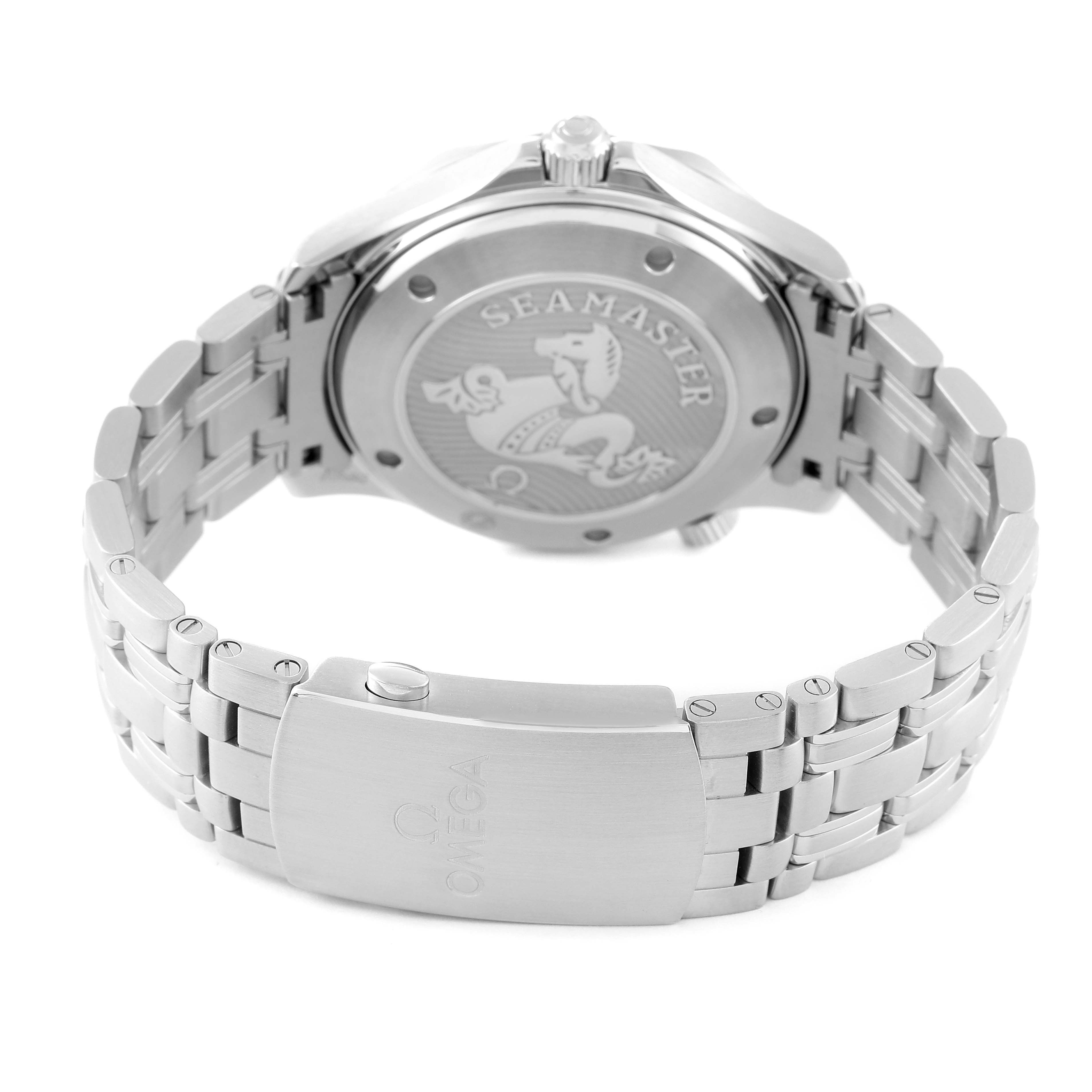 The image shows the back case and clasp of an Omega Seamaster 212.30.41.20.01.003 Men's Stainless Steel Black Dial 212.30.41.20.01.003 Men's Stainless Steel Black Dial watch, emphasizing its bracelet, logo, and case engraving.