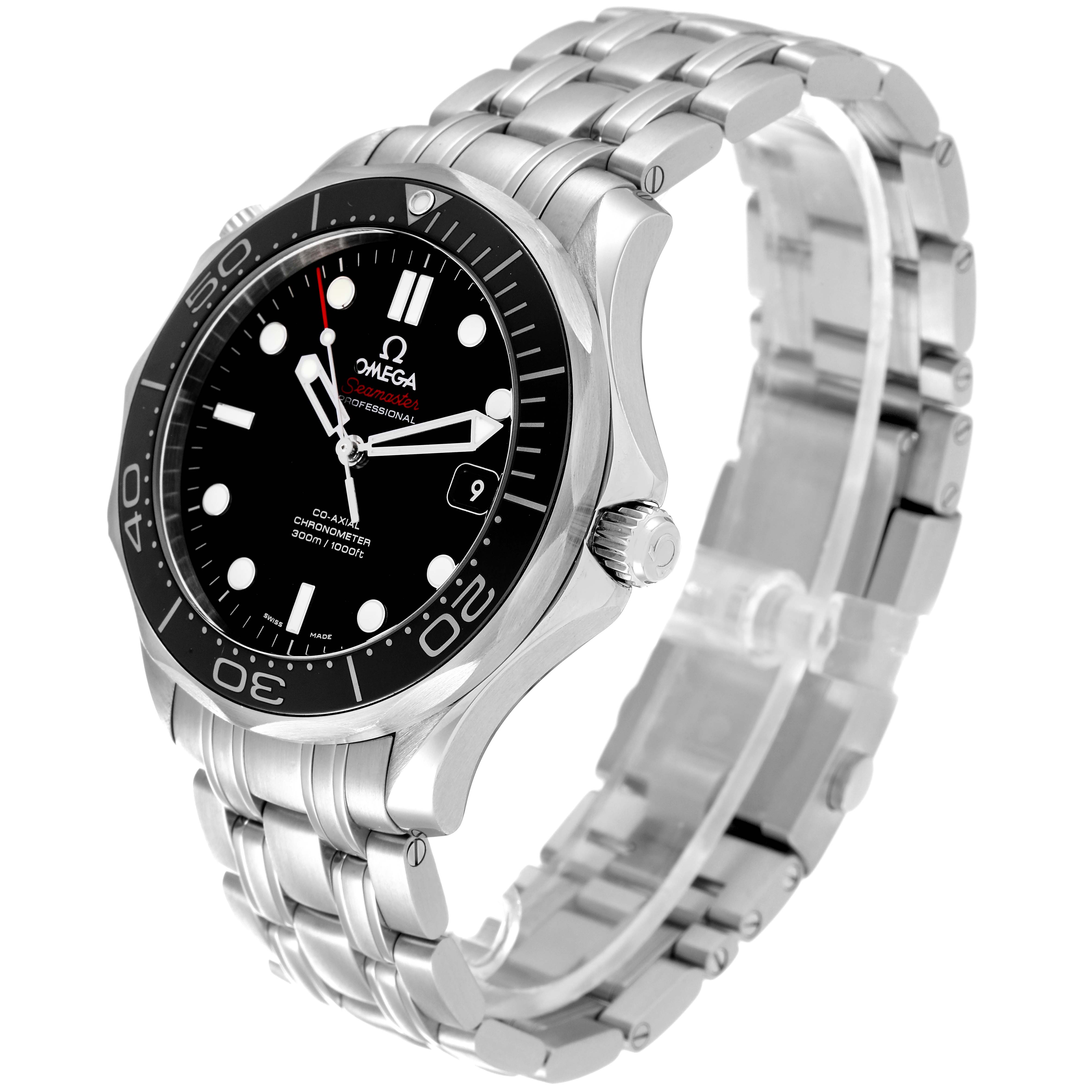 The Omega Seamaster 212.30.41.20.01.003 Men's Stainless Steel Black Dial 212.30.41.20.01.003 Men's Stainless Steel Black Dial watch is shown from an angled side view, displaying the face, bezel, crown, and bracelet.