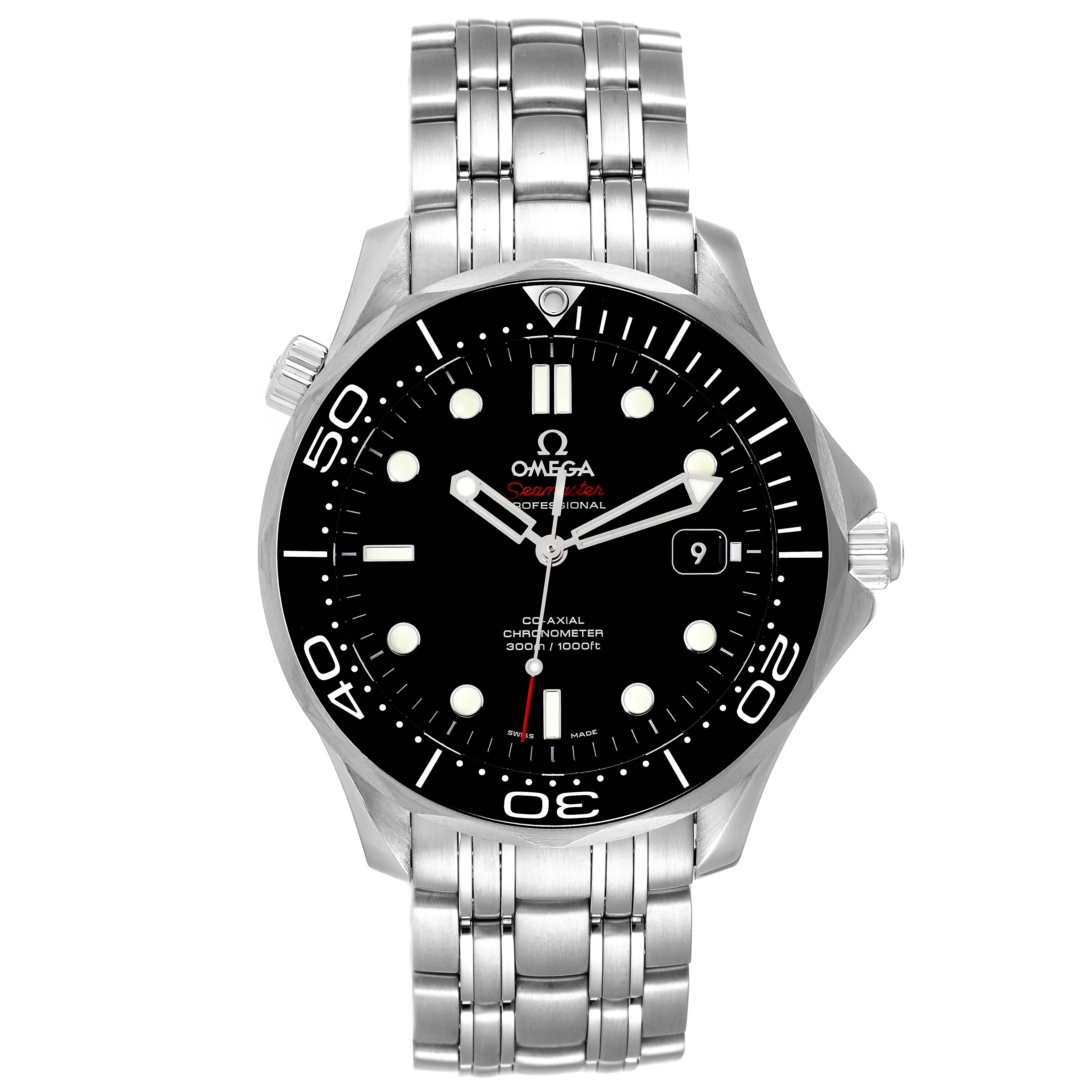 This image shows the Omega Seamaster 212.30.41.20.01.003 Men's Stainless Steel Black Dial 212.30.41.20.01.003 Men's Stainless Steel Black Dial watch from a front angle, highlighting the dial, bezel, and stainless steel bracelet.