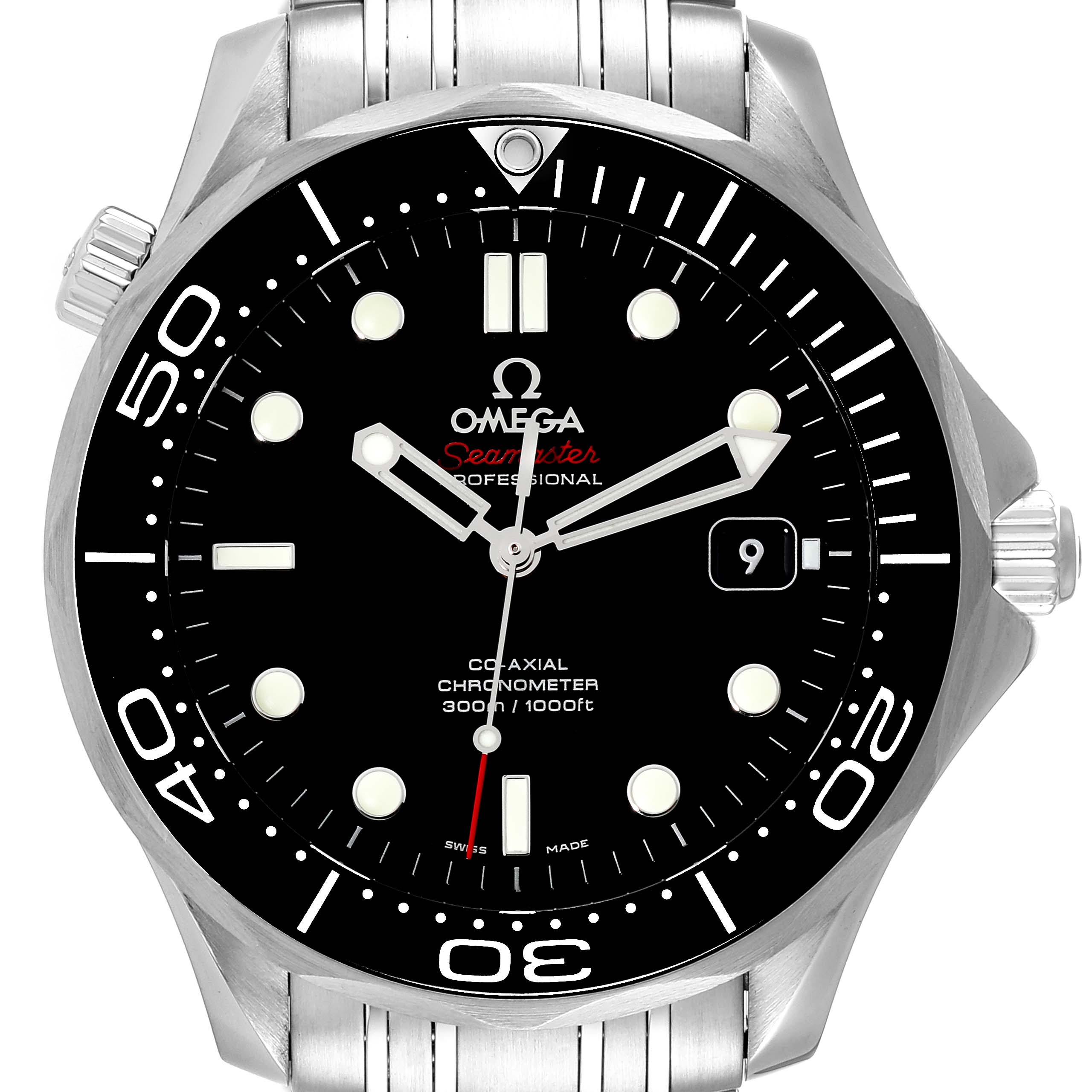 This is a front view of the Omega Seamaster 212.30.41.20.01.003 Men's Stainless Steel Black Dial 212.30.41.20.01.003 Men's Stainless Steel Black Dial watch, showing the dial, bezel, date window, and part of the metal bracelet.