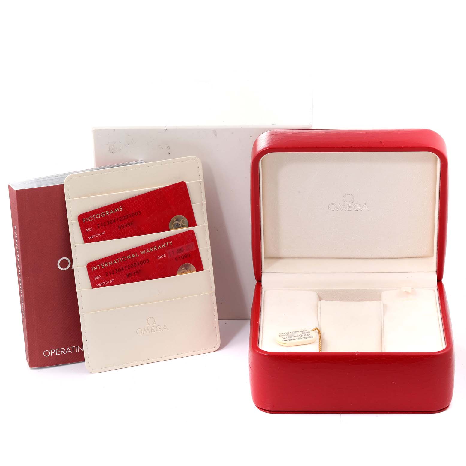 The image shows an Omega Seamaster 212.30.41.20.01.003 Men's Stainless Steel Black Dial 212.30.41.20.01.003 Men's Stainless Steel Black Dial watch box, operating instruction book, warranty card, and a cardholder.