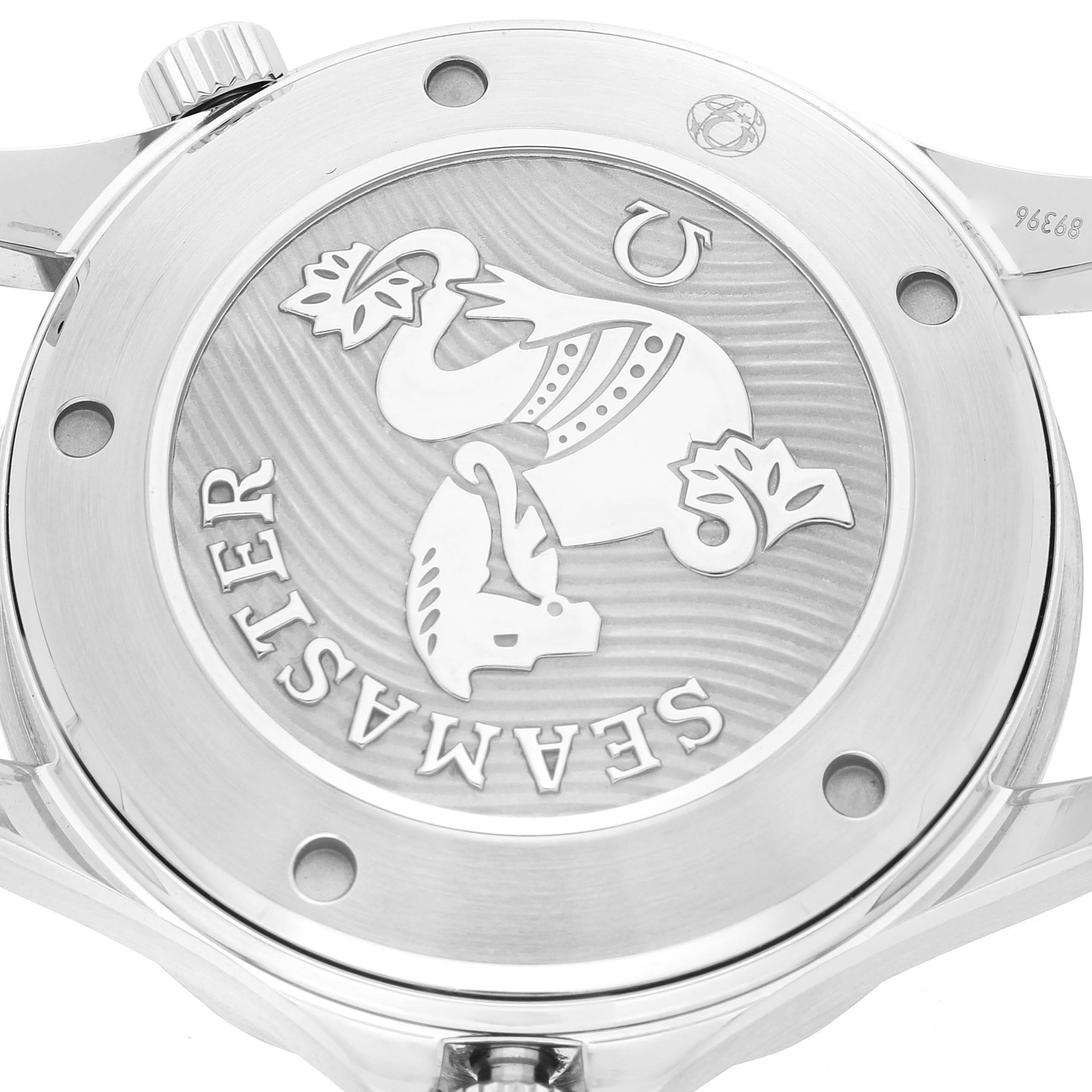 This image shows the back case of an Omega Seamaster 212.30.41.20.01.003 Men's Stainless Steel Black Dial 212.30.41.20.01.003 Men's Stainless Steel Black Dial watch, highlighting the logo and branding.