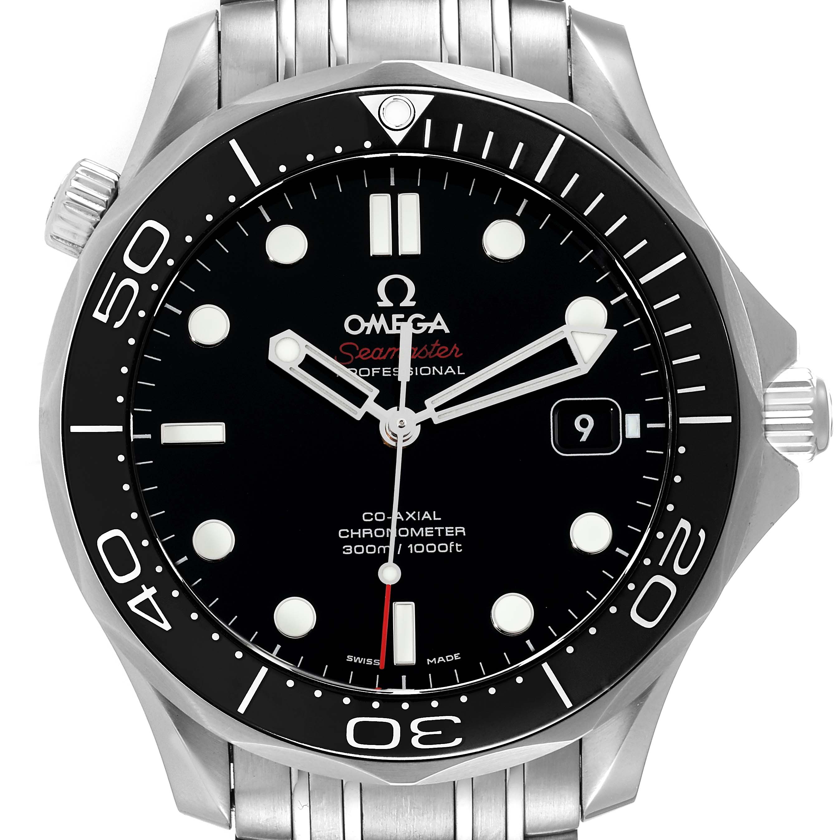 The Omega Seamaster 212.30.41.20.01.003 Men's Stainless Steel Black Dial 212.30.41.20.01.003 Men's Stainless Steel Black Dial watch is shown from the front, displaying the dial, bezel, crown, and part of the bracelet.