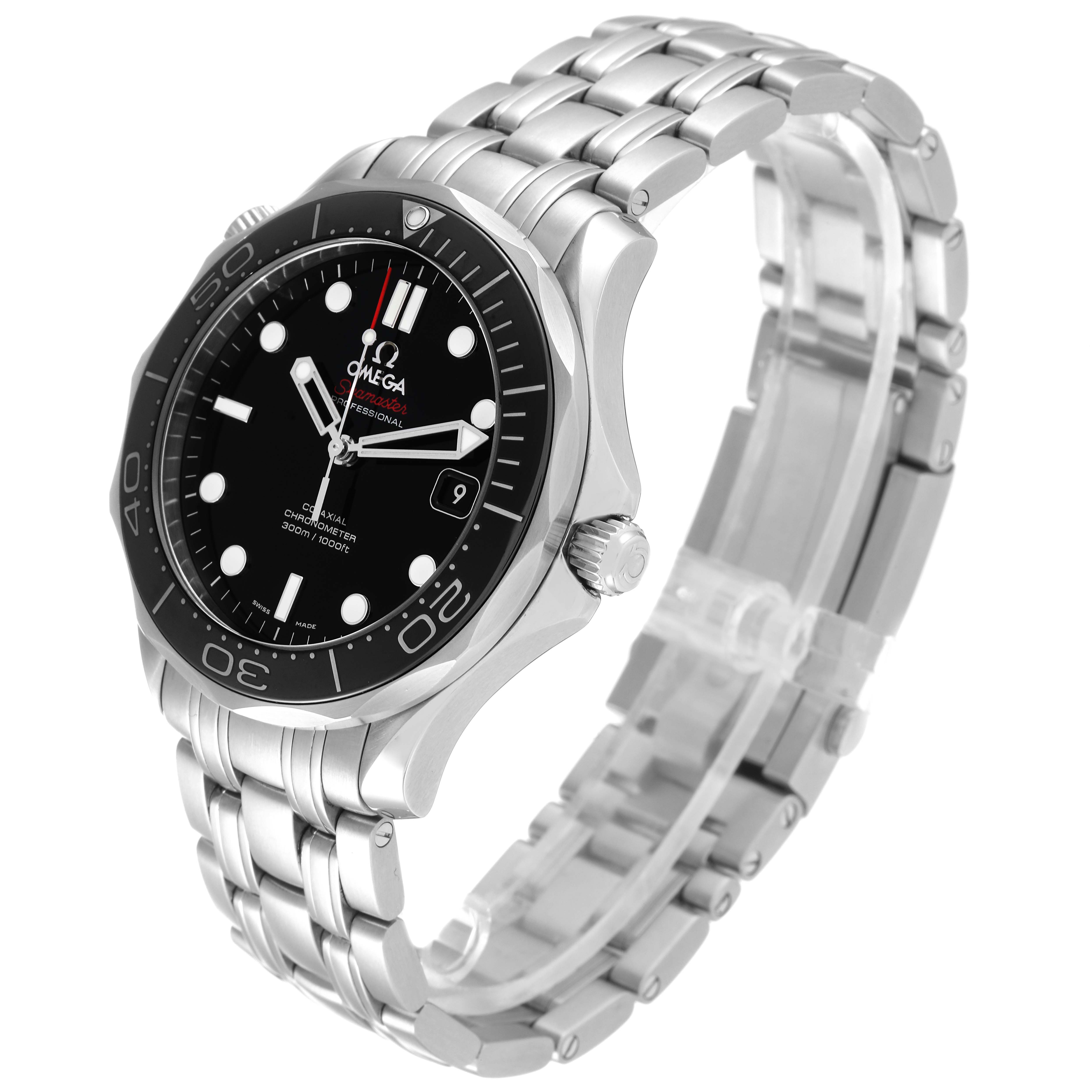 The image shows an Omega Seamaster 212.30.41.20.01.003 Men's Stainless Steel Black Dial 212.30.41.20.01.003 Men's Stainless Steel Black Dial watch from a side angle, highlighting its face, bezel, crown, and stainless steel bracelet.