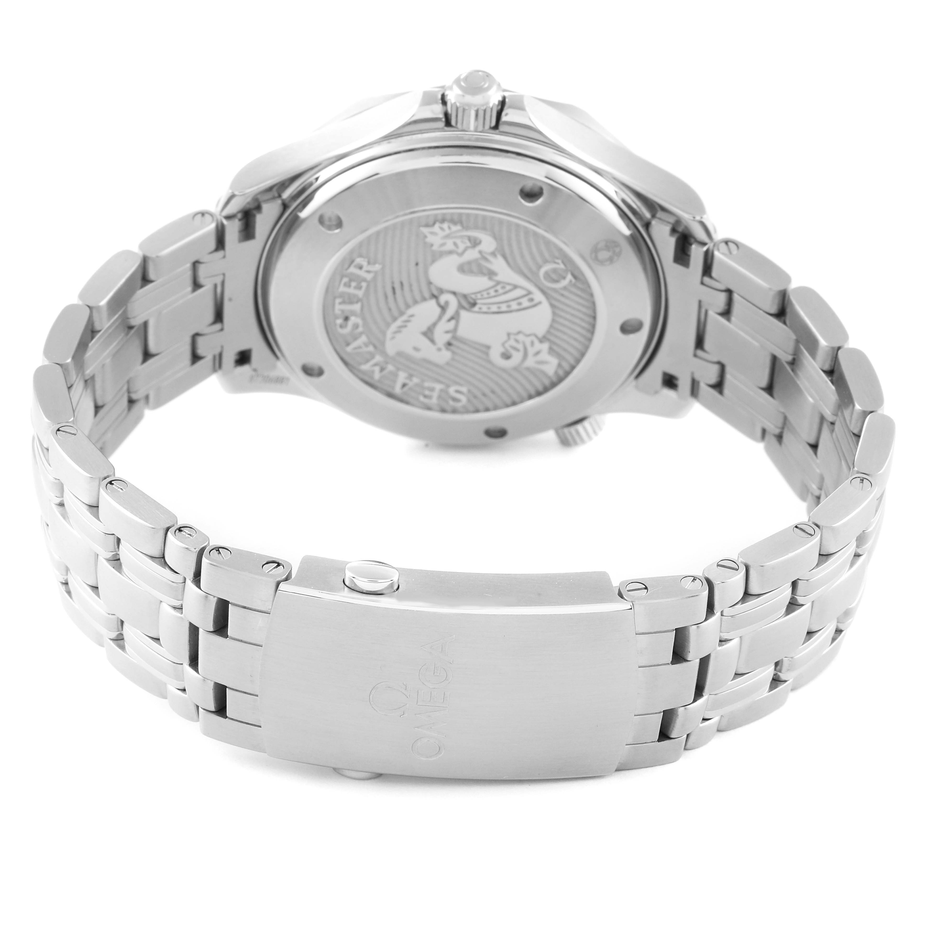 The image shows the backside and the metal bracelet clasp of the Omega Seamaster 212.30.41.20.01.003 Men's Stainless Steel Black Dial 212.30.41.20.01.003 Men's Stainless Steel Black Dial watch.