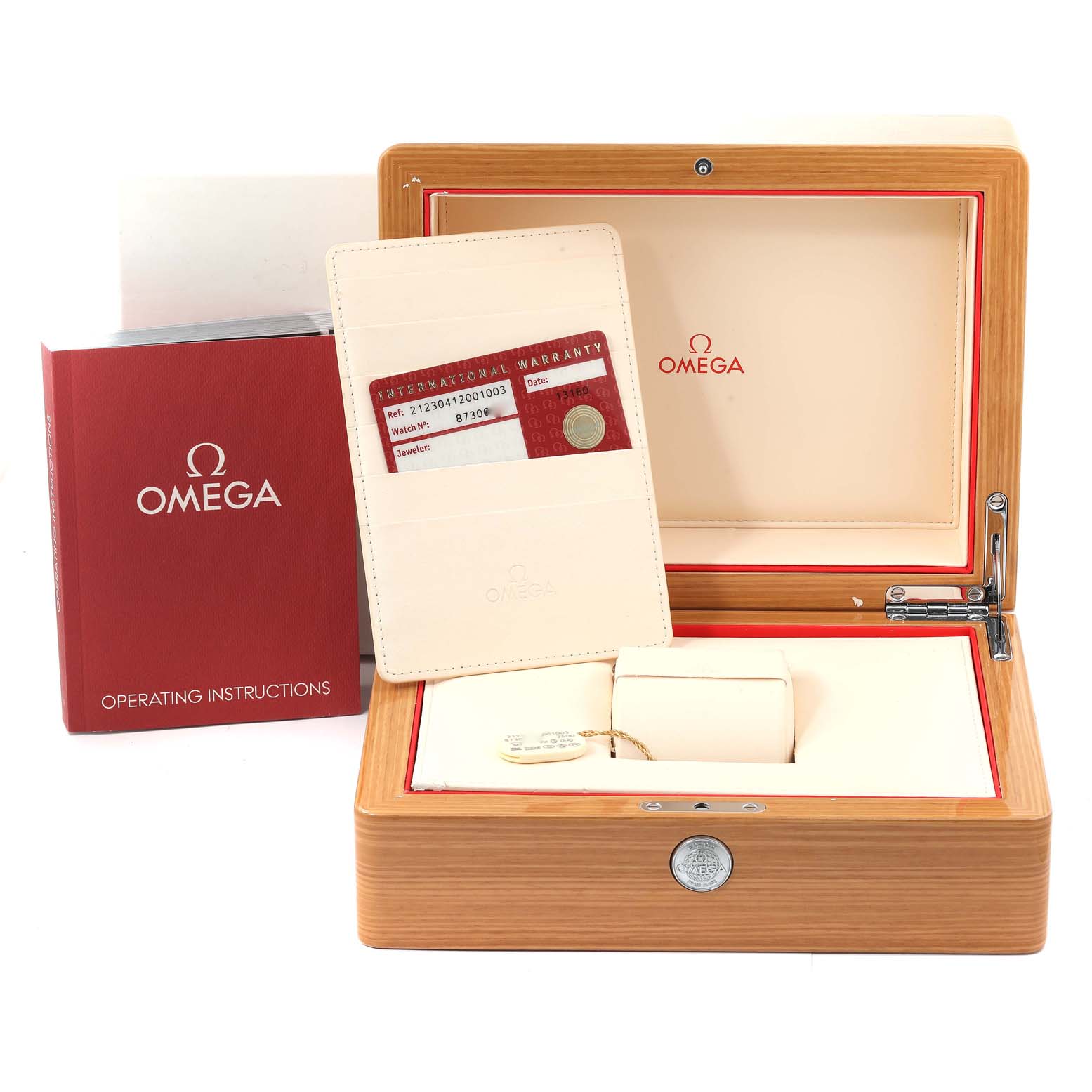 The image shows the packaging, warranty card, and operating instructions for the Omega Seamaster 212.30.41.20.01.003 Men's Stainless Steel Black Dial 212.30.41.20.01.003 Men's Stainless Steel Black Dial watch.