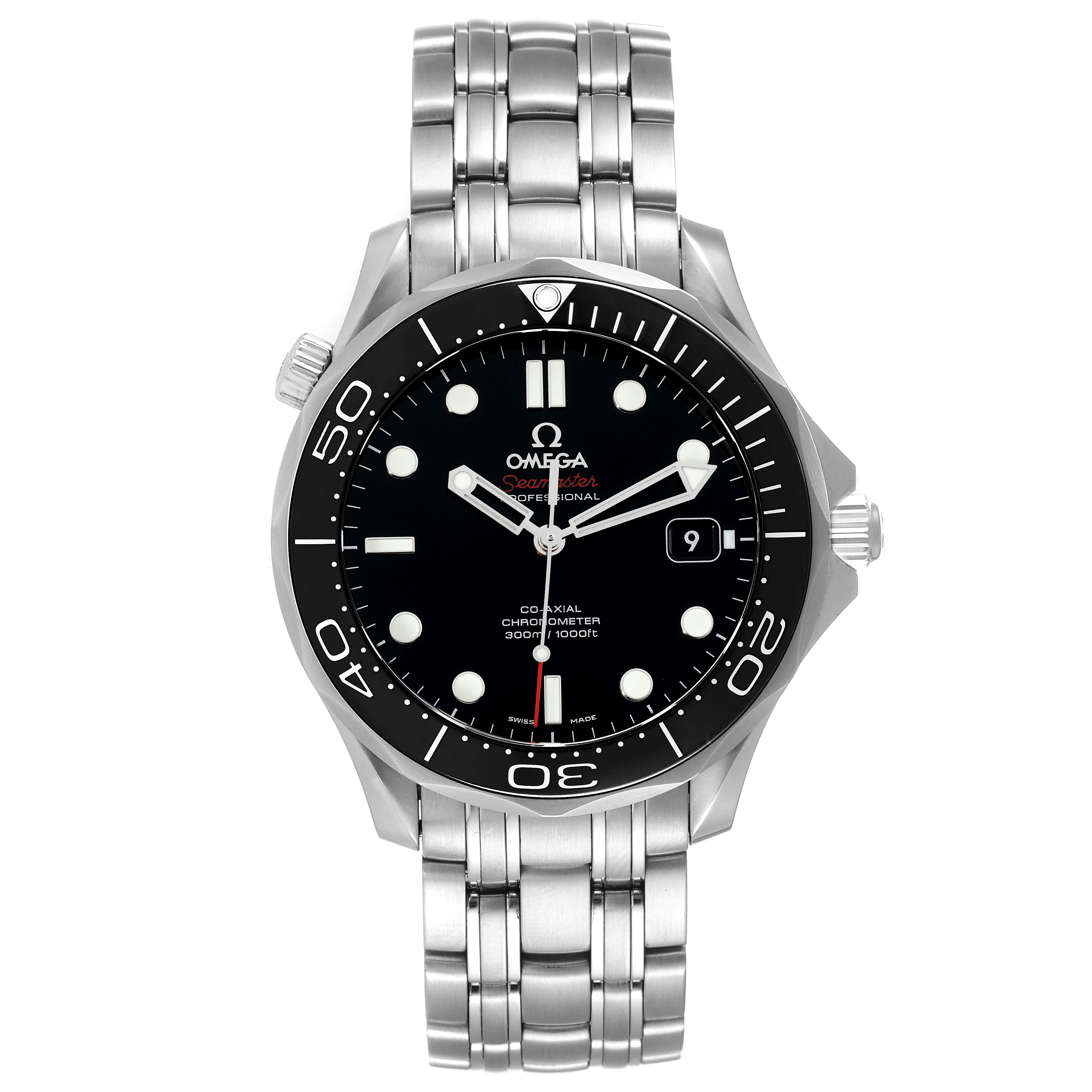 The image shows a front view of the Omega Seamaster 212.30.41.20.01.003 Men's Stainless Steel Black Dial 212.30.41.20.01.003 Men's Stainless Steel Black Dial watch, featuring the face, hands, crown, and stainless steel bracelet.