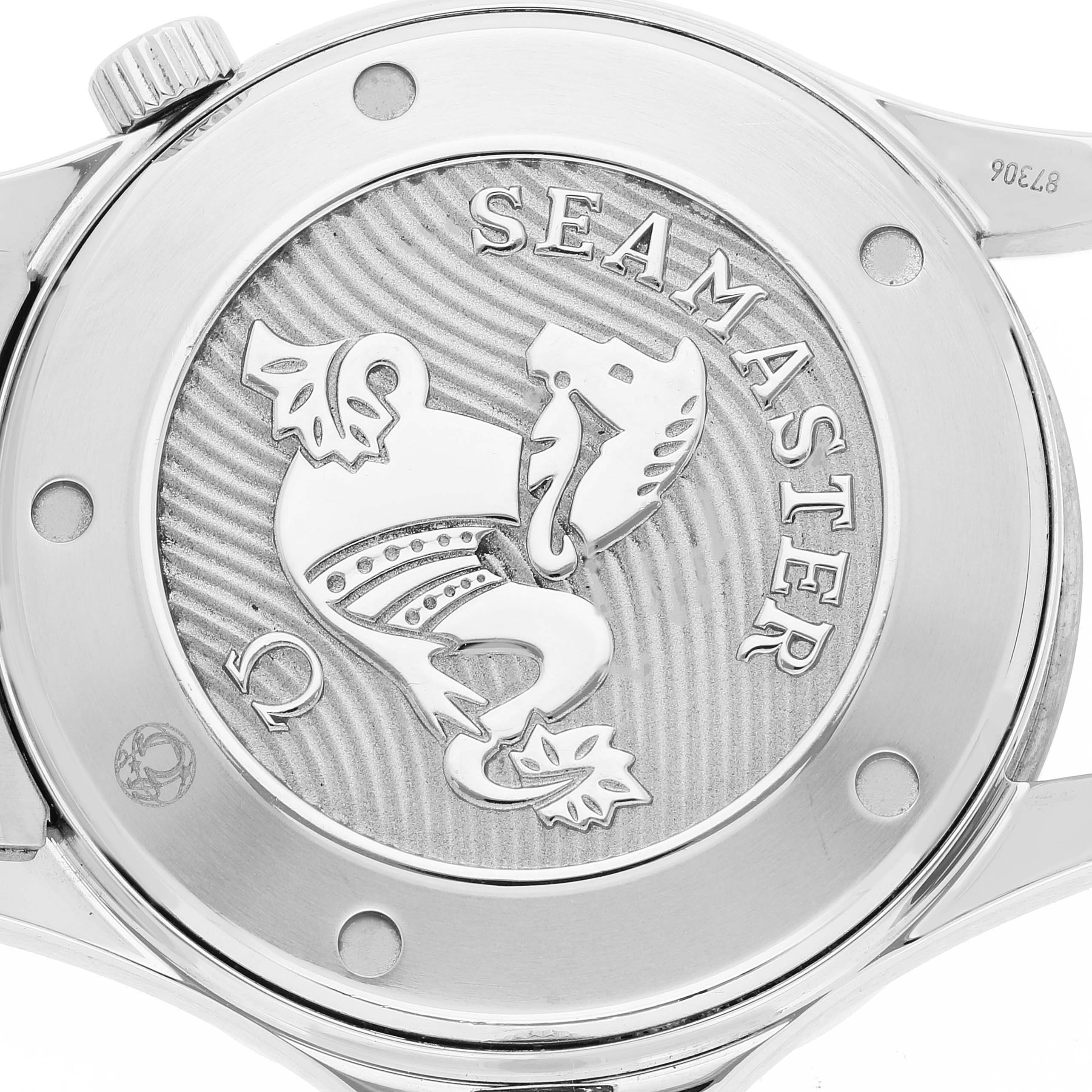 The image shows the case back of an Omega Seamaster 212.30.41.20.01.003 Men's Stainless Steel Black Dial 212.30.41.20.01.003 Men's Stainless Steel Black Dial watch, featuring the Seamaster logo and engravings.