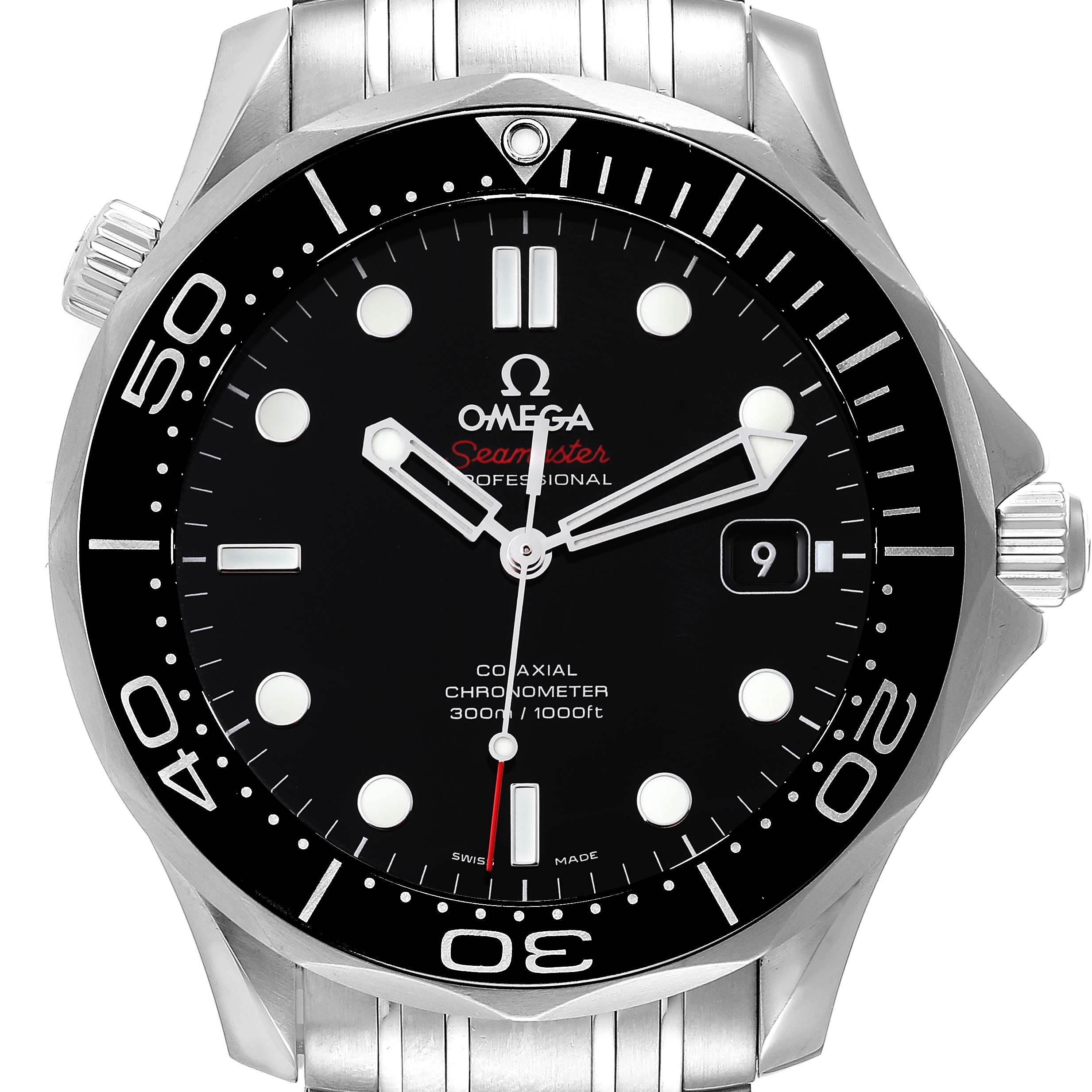 The image shows a front view of the Omega Seamaster 212.30.41.20.01.003 Men's Stainless Steel Black Dial 212.30.41.20.01.003 Men's Stainless Steel Black Dial watch, displaying the dial, hands, bezel, and part of the bracelet.