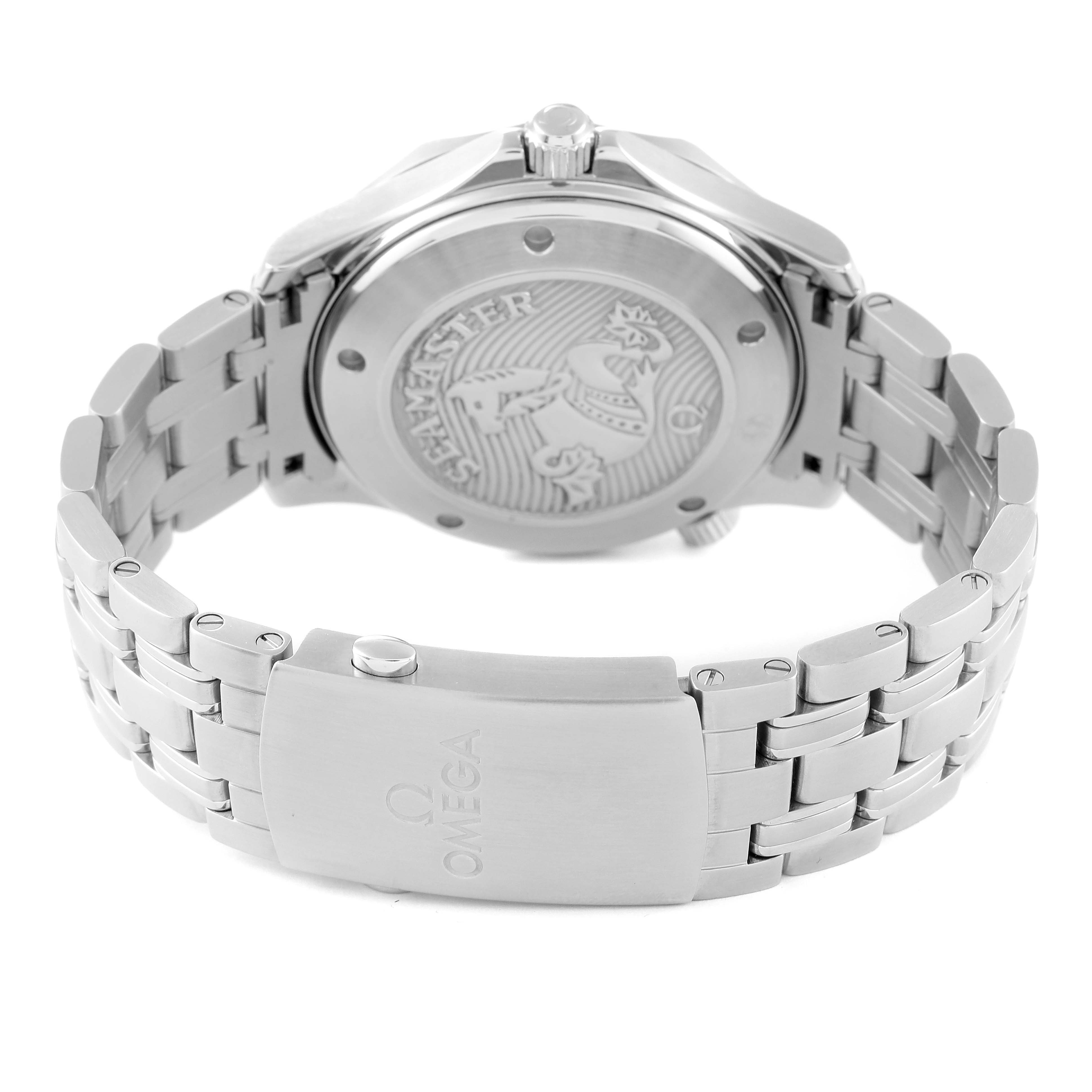 The image shows the back and clasp of an Omega Seamaster 212.30.41.20.01.003 Men's Stainless Steel Black Dial 212.30.41.20.01.003 Men's Stainless Steel Black Dial watch from an angled rear perspective.