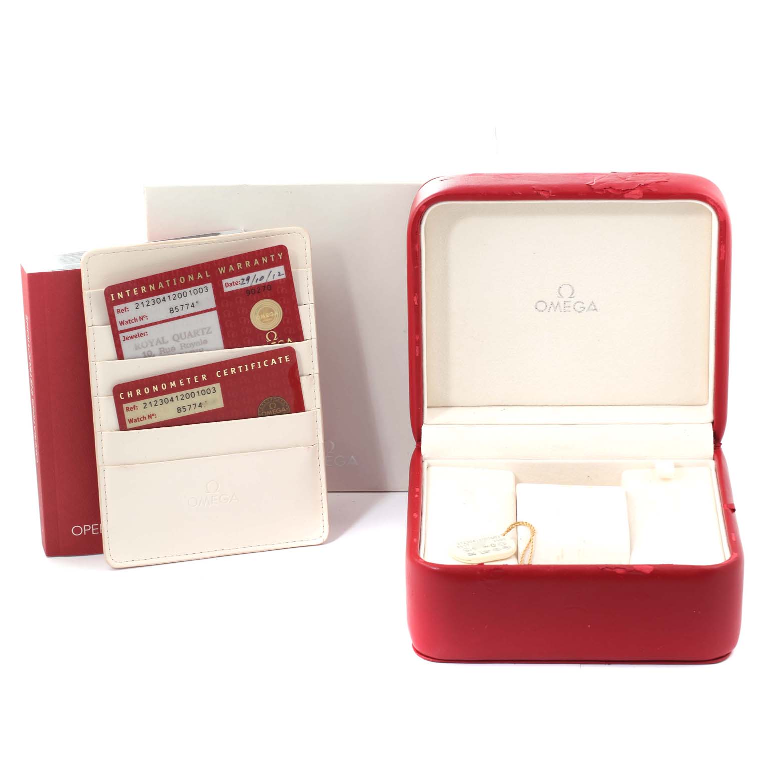 The image shows a red Omega Seamaster 212.30.41.20.01.003 Men's Stainless Steel Black Dial 212.30.41.20.01.003 Men's Stainless Steel Black Dial watch case, warranty cards, certificate, and packaging.