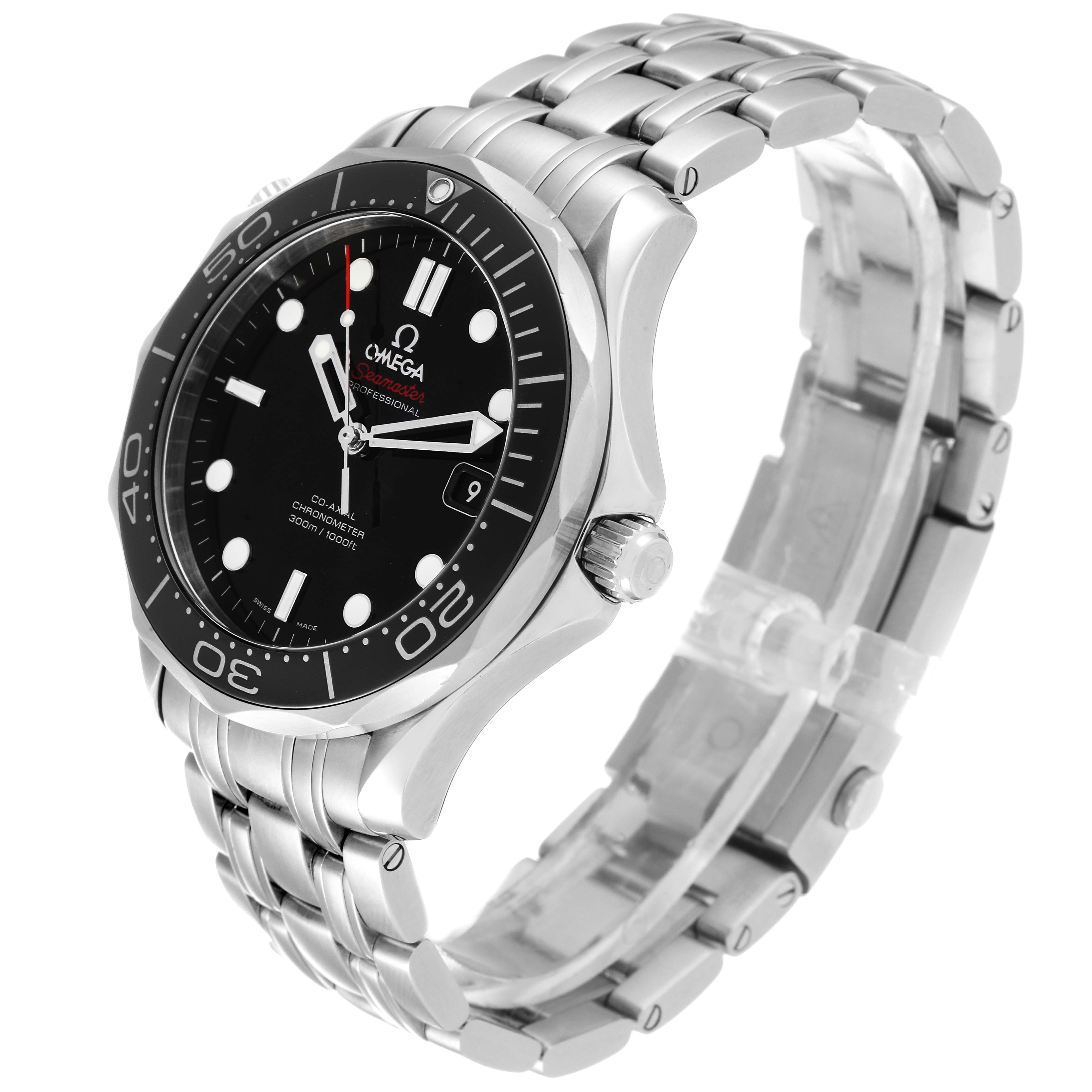 This image shows an angled view of an Omega Seamaster 212.30.41.20.01.003 Men's Stainless Steel Black Dial 212.30.41.20.01.003 Men's Stainless Steel Black Dial, highlighting its face, bezel, and metal bracelet.