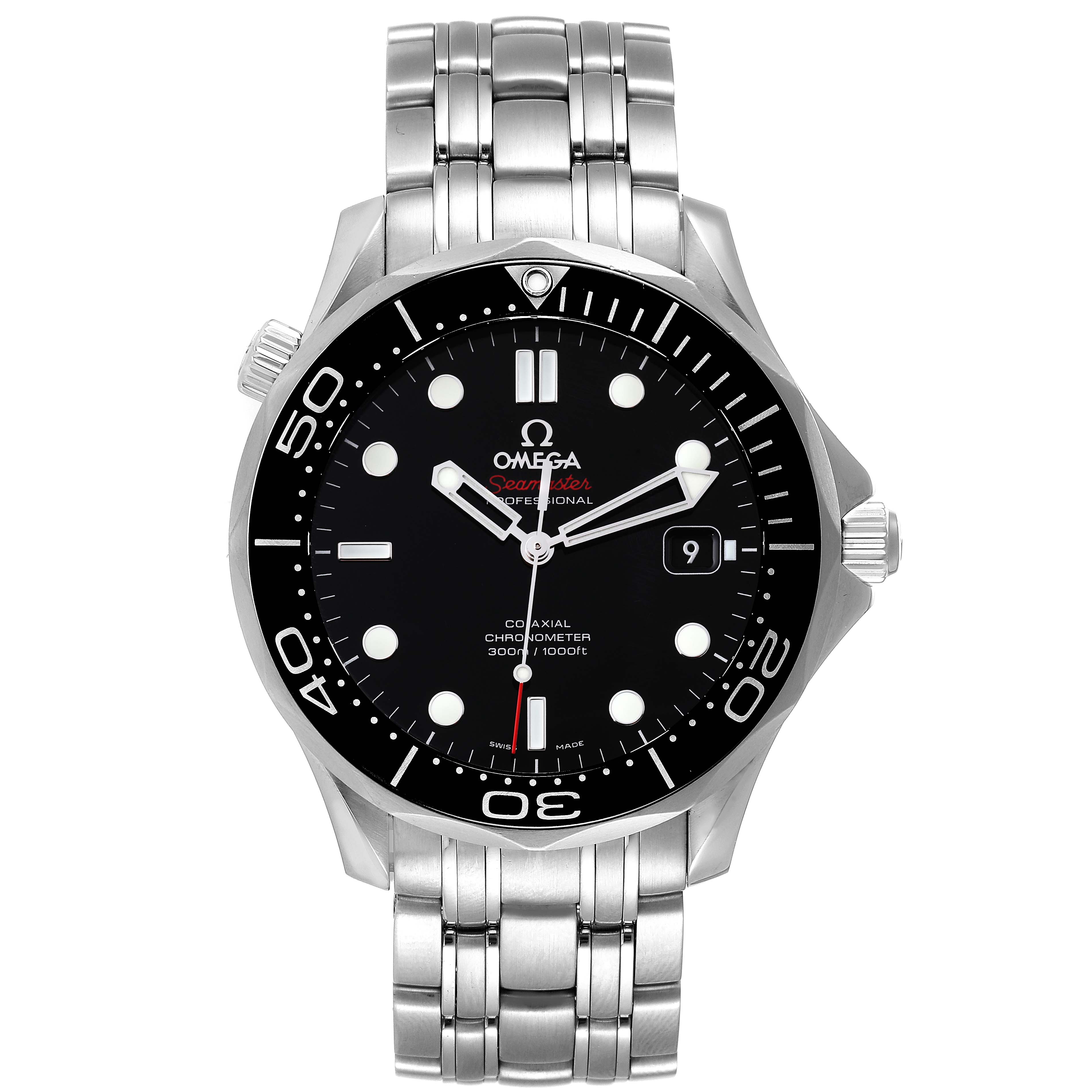 This is a front view of the Omega Seamaster 212.30.41.20.01.003 Men's Stainless Steel Black Dial 212.30.41.20.01.003 Men's Stainless Steel Black Dial watch showing the dial, bezel, and metal bracelet.