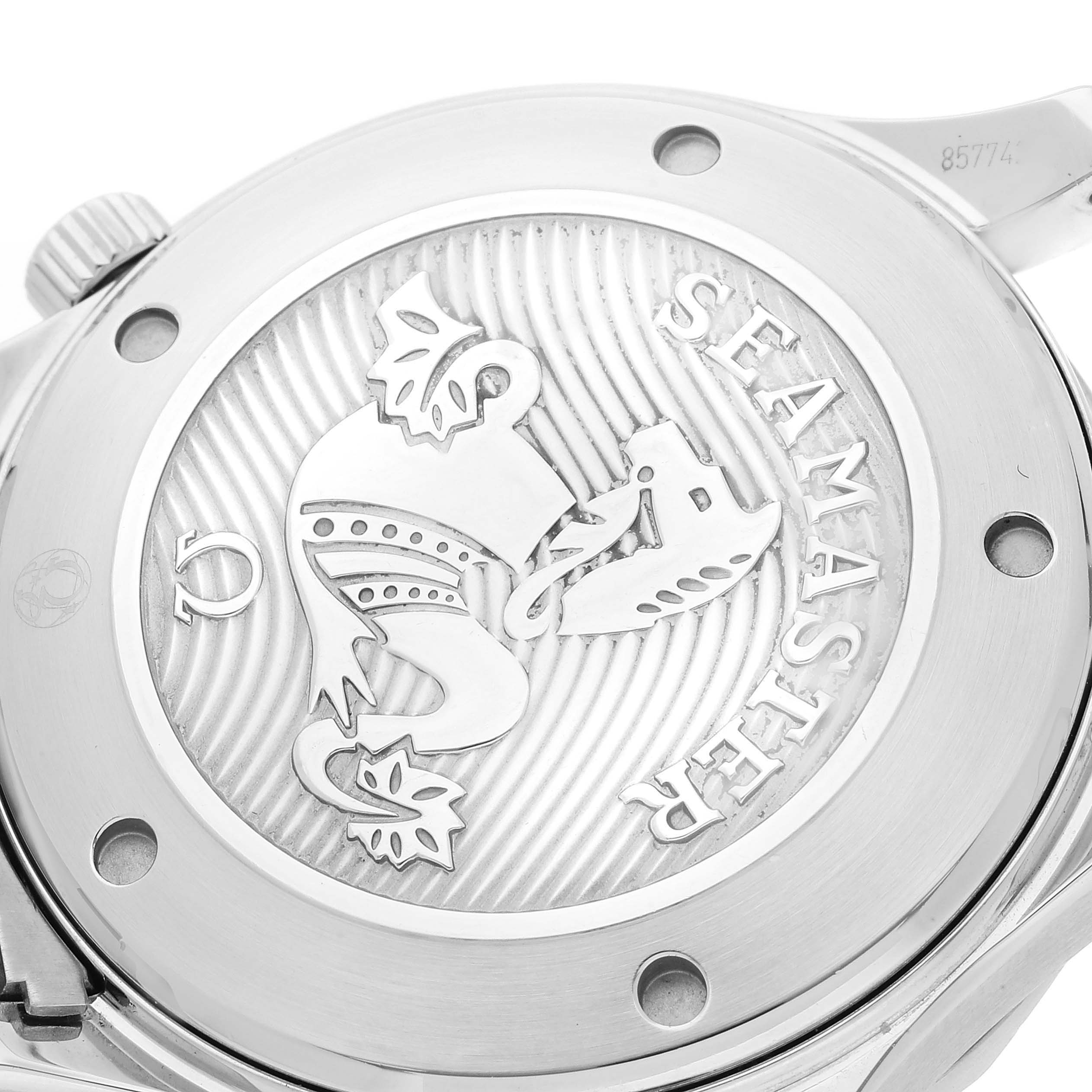 The image shows the case back of the Omega Seamaster 212.30.41.20.01.003 Men's Stainless Steel Black Dial 212.30.41.20.01.003 Men's Stainless Steel Black Dial watch, featuring the engraved logo and branding.