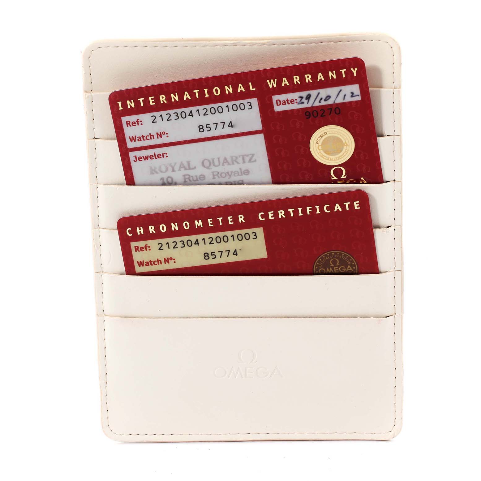 This image shows an Omega Seamaster 212.30.41.20.01.003 Men's Stainless Steel Black Dial 212.30.41.20.01.003 Men's Stainless Steel Black Dial's international warranty and chronometer certificate inside a white cardholder.