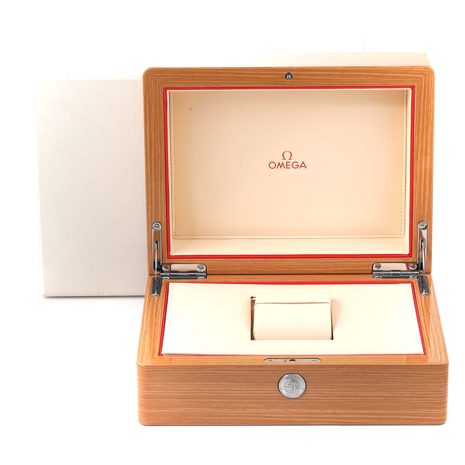 The image shows an open wooden Omega Seamaster 212.30.44.50.03.001 Men's Stainless Steel Blue Dial 212.30.44.50.03.001 Men's Stainless Steel Blue Dial watch box with beige interior and red lining, without the watch inside.