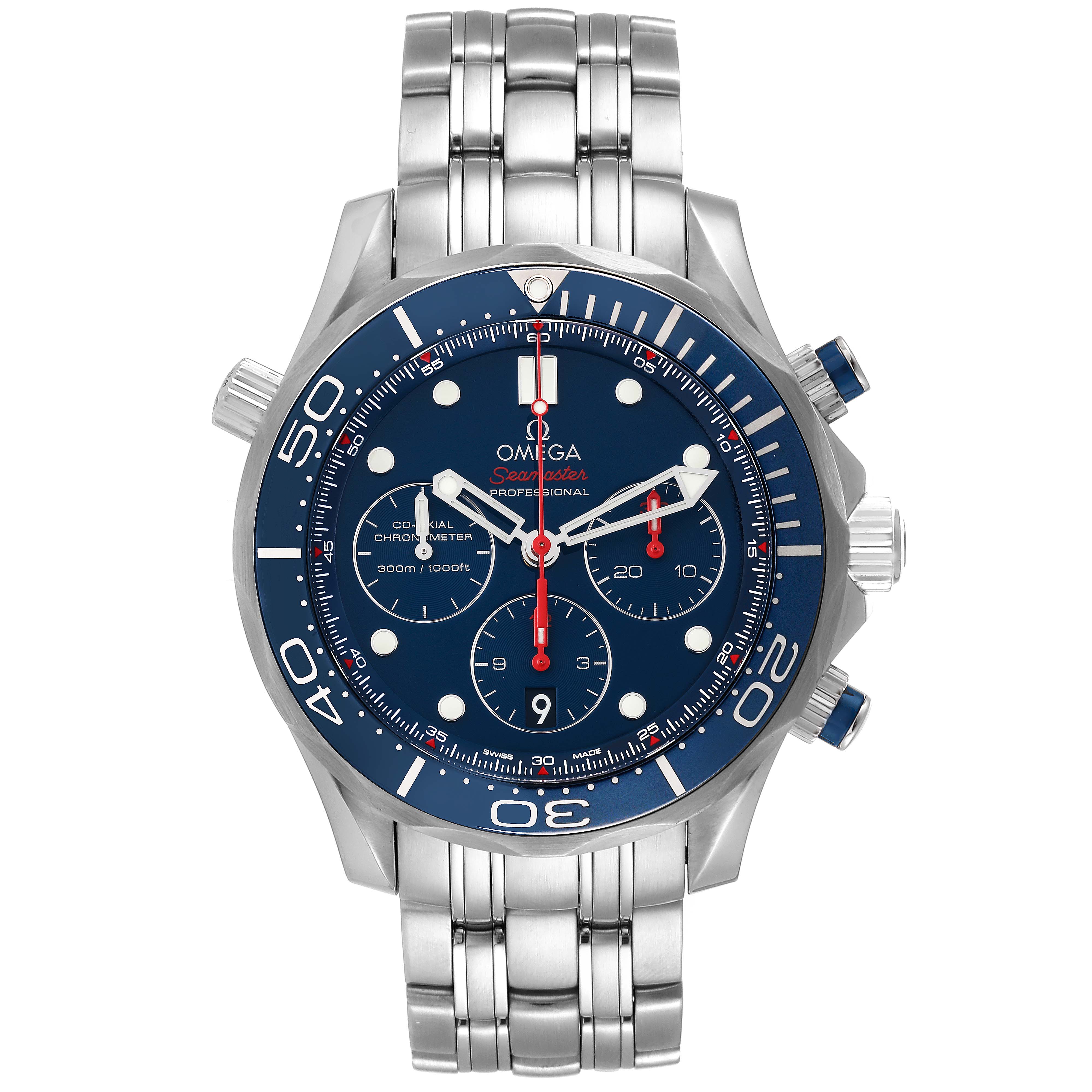 The image shows a front view of the Omega Seamaster 212.30.44.50.03.001 Men's Stainless Steel Blue Dial 212.30.44.50.03.001 Men's Stainless Steel Blue Dial watch, highlighting its dial, bezel, chronograph subdials, and bracelet.