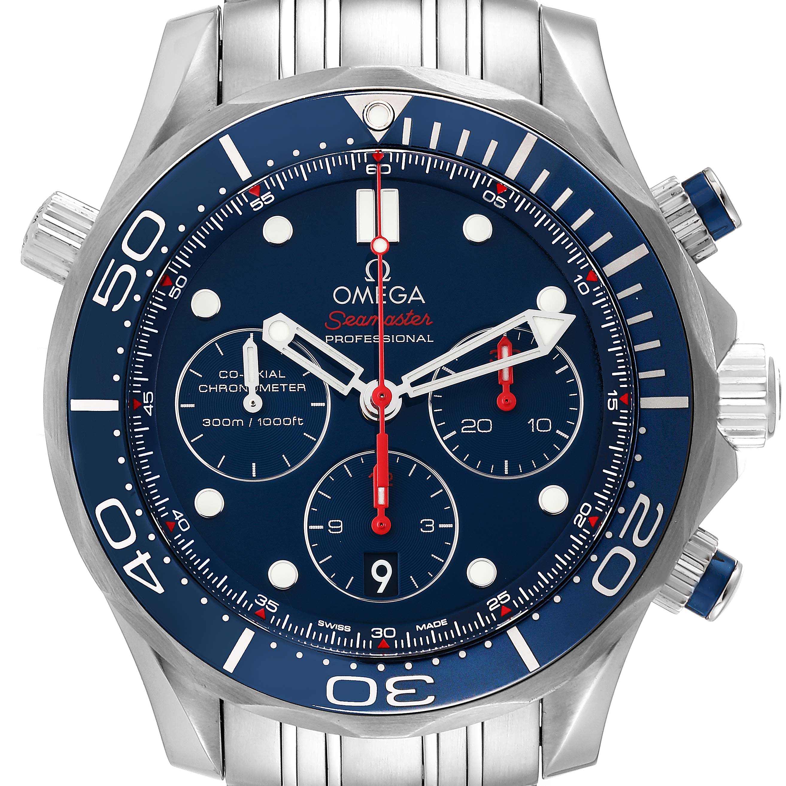 The Omega Seamaster 212.30.44.50.03.001 Men's Stainless Steel Blue Dial 212.30.44.50.03.001 Men's Stainless Steel Blue Dial watch is shown from a front angle, displaying its face, bezel, pushers, crown, and bracelet.