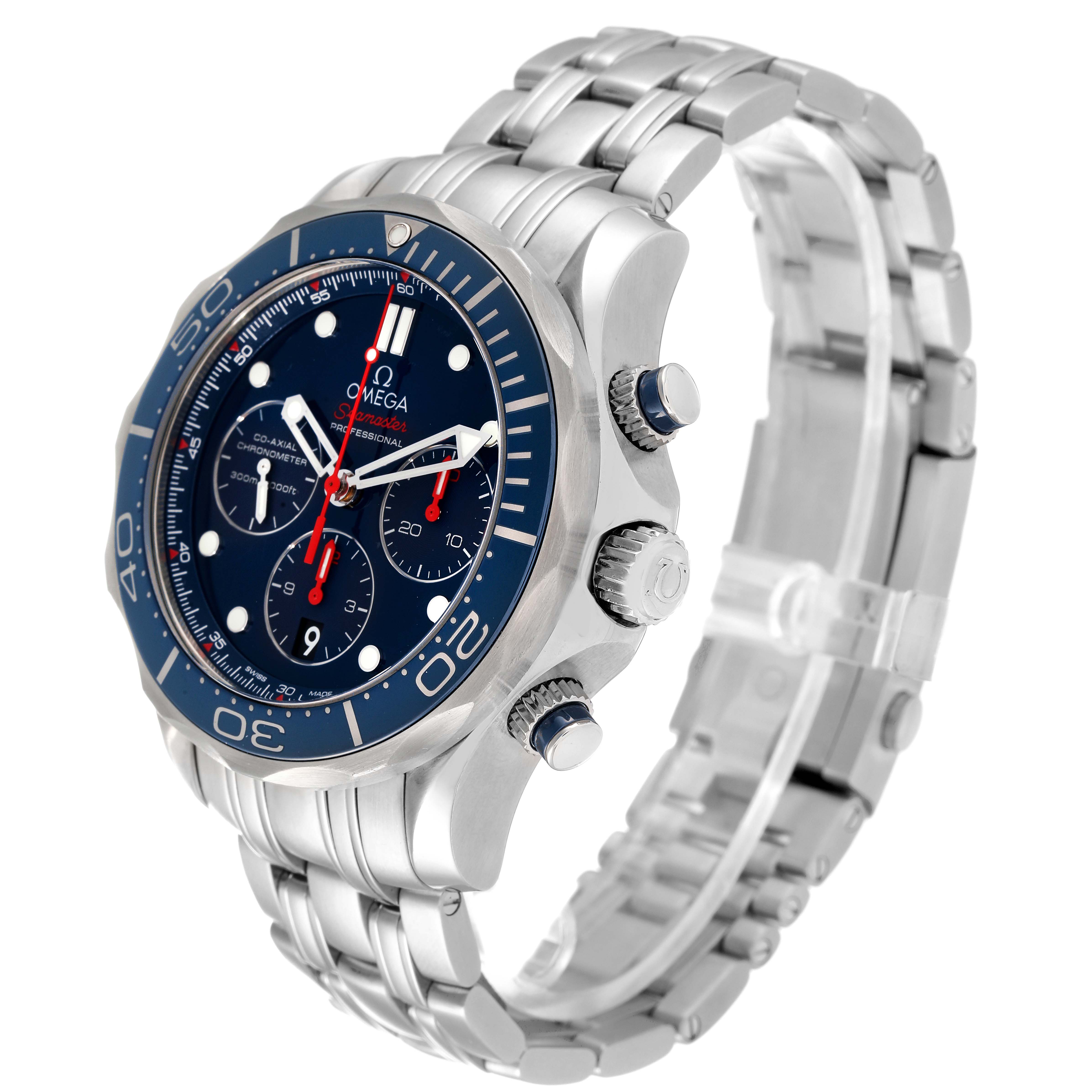 This image shows the Omega Seamaster 212.30.44.50.03.001 Men's Stainless Steel Blue Dial 212.30.44.50.03.001 Men's Stainless Steel Blue Dial watch from a three-quarter angle, highlighting the face, crown, pushers, and stainless steel bracelet.