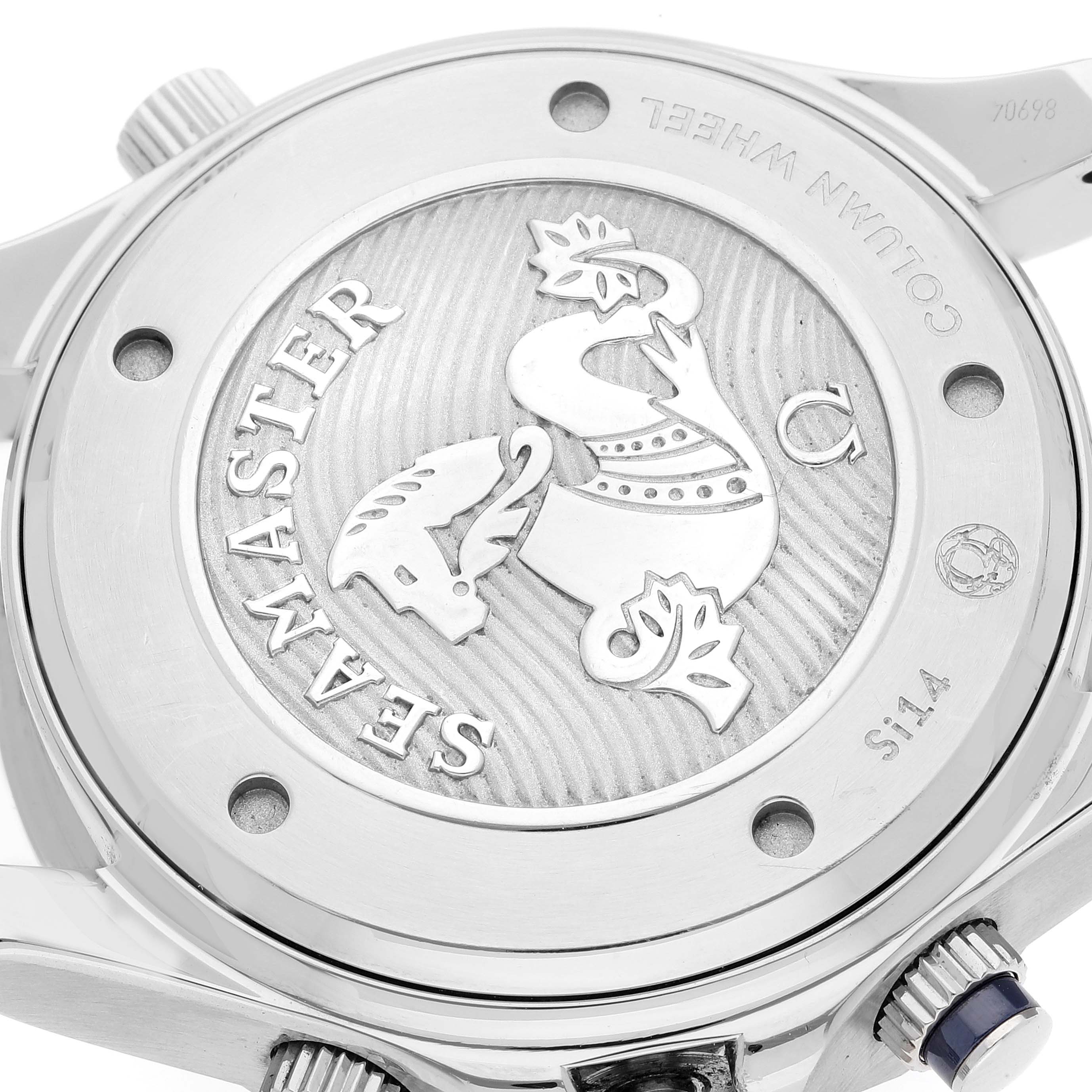 The image shows the back case of an Omega Seamaster 212.30.44.50.03.001 Men's Stainless Steel Blue Dial 212.30.44.50.03.001 Men's Stainless Steel Blue Dial watch, featuring the embossed Seamaster logo and text.