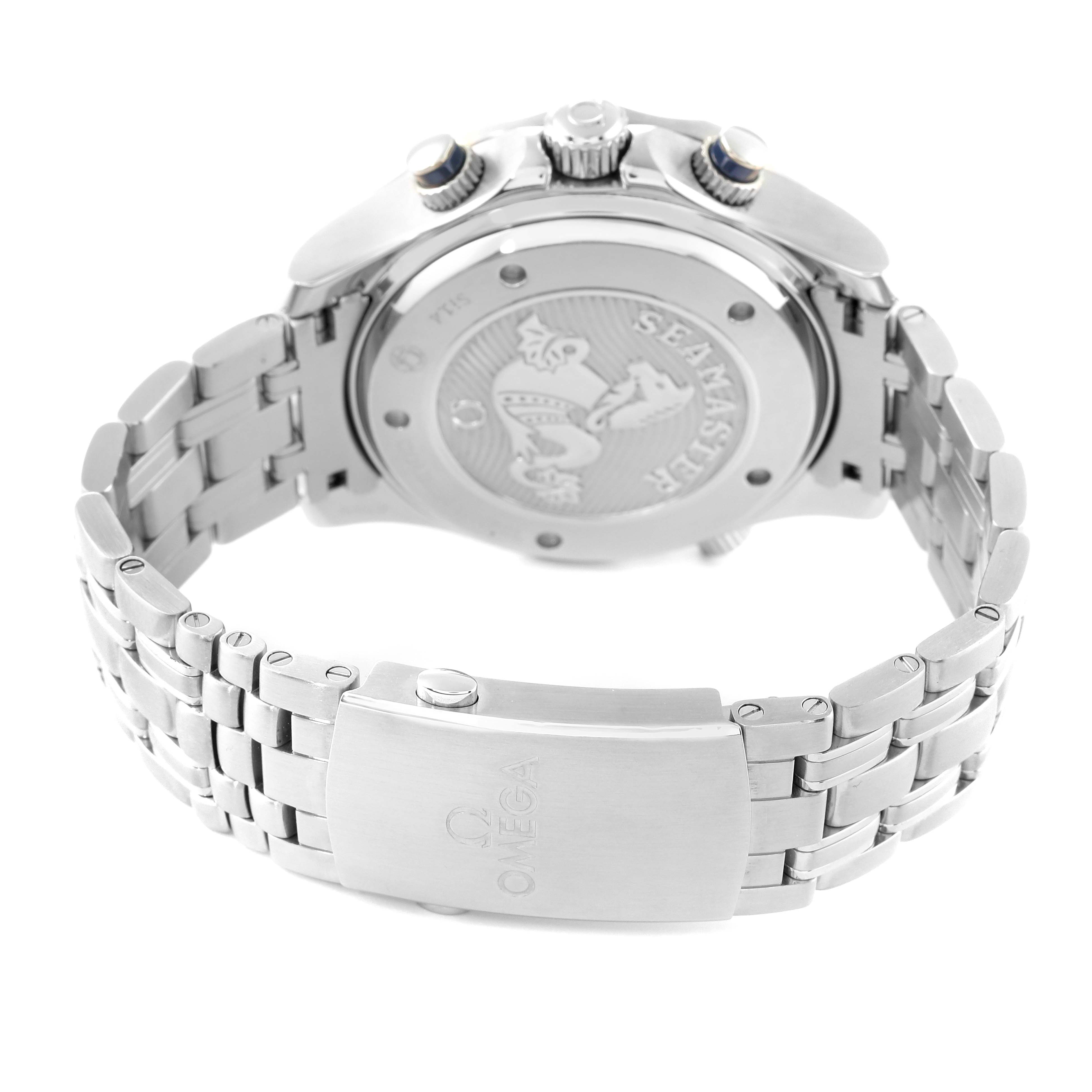 The image shows the back case, crown, and bracelet of an Omega Seamaster 212.30.44.50.03.001 Men's Stainless Steel Blue Dial 212.30.44.50.03.001 Men's Stainless Steel Blue Dial watch.